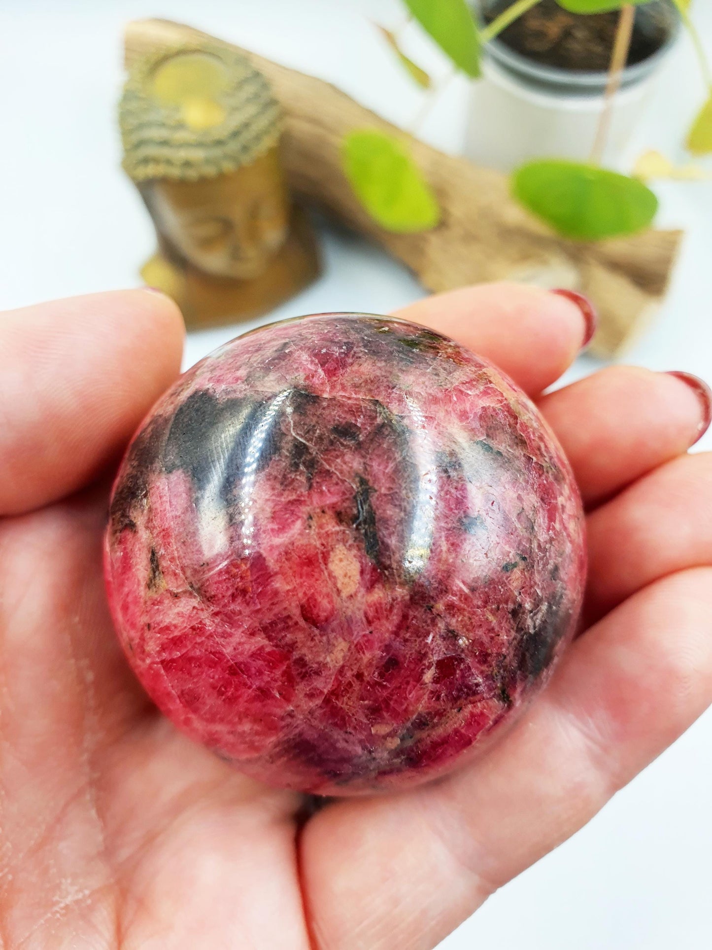 Beautiful Flashy Rhodonite, Tourmaline & Quartz Sphere / High Grade Rhodonite Ball / Rhodonite Crystal Orb - 48mm