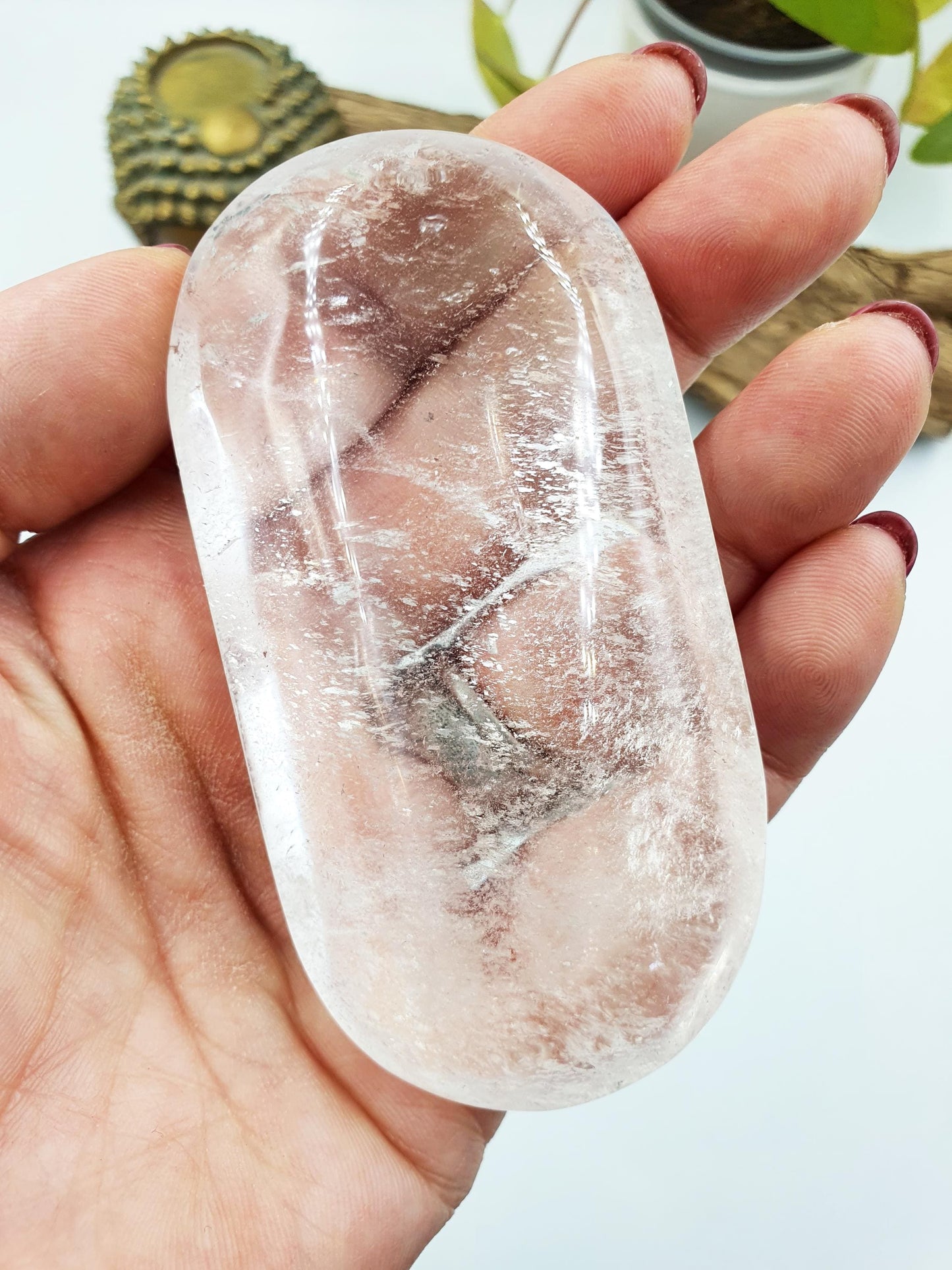 Large Beautiful Clear Quartz Palm/ Clear Quartz Palm Stone with unique inclusions / Meditation Palm / Reiki Crystal Palm - 185g
