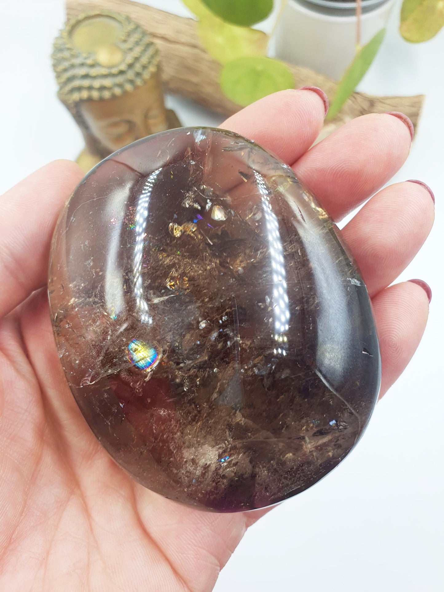 Stunning High Grade Smoky Quartz Palm full of rainbows / Smoky Quartz Palm Stone / Meditation Palm / Reiki Crystal Palm - 260g