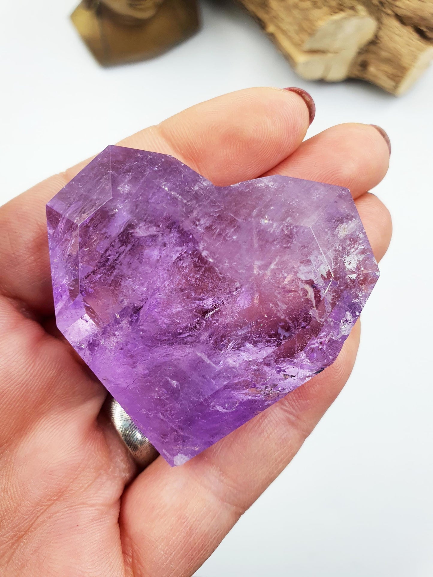 Large Beautiful Faceted Amethyst Puff Heart with rainbows / Amethyst Heart / Crystal Heart - 75g