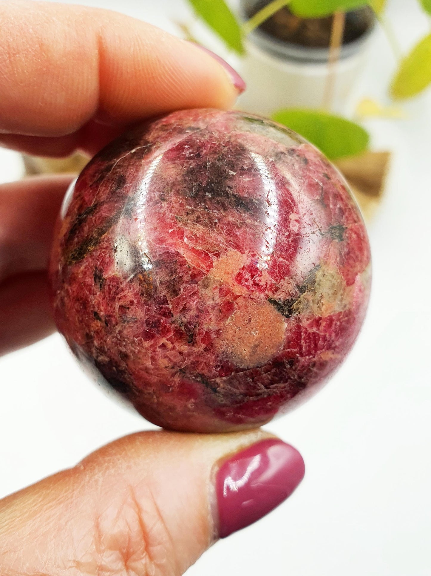 Beautiful Flashy Rhodonite, Tourmaline & Quartz Sphere / High Grade Rhodonite Ball / Rhodonite Crystal Orb - 48mm