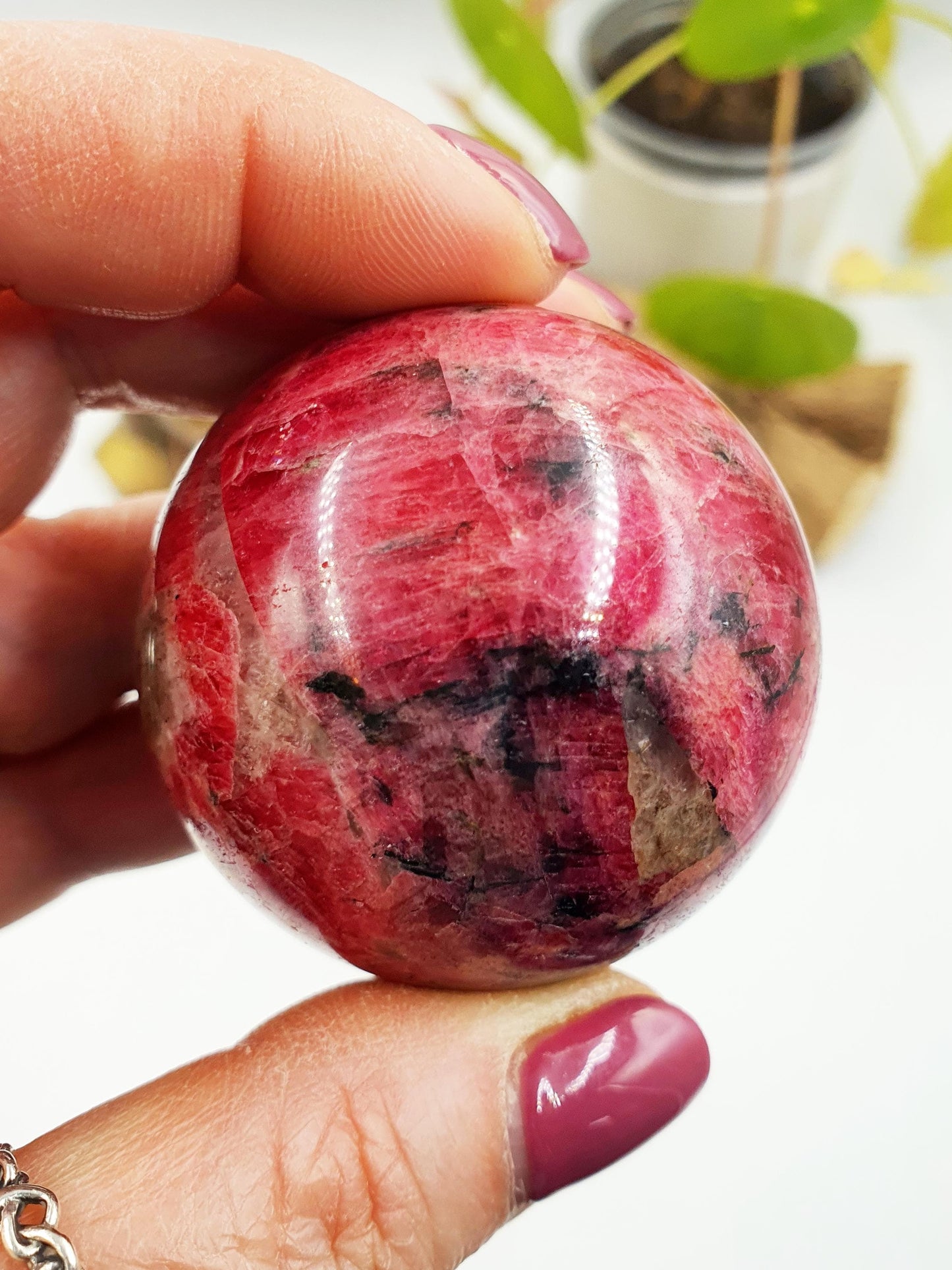 Beautiful Flashy Rhodonite, Tourmaline & Quartz Sphere / High Grade Rhodonite Ball / Rhodonite Crystal Orb - 48mm
