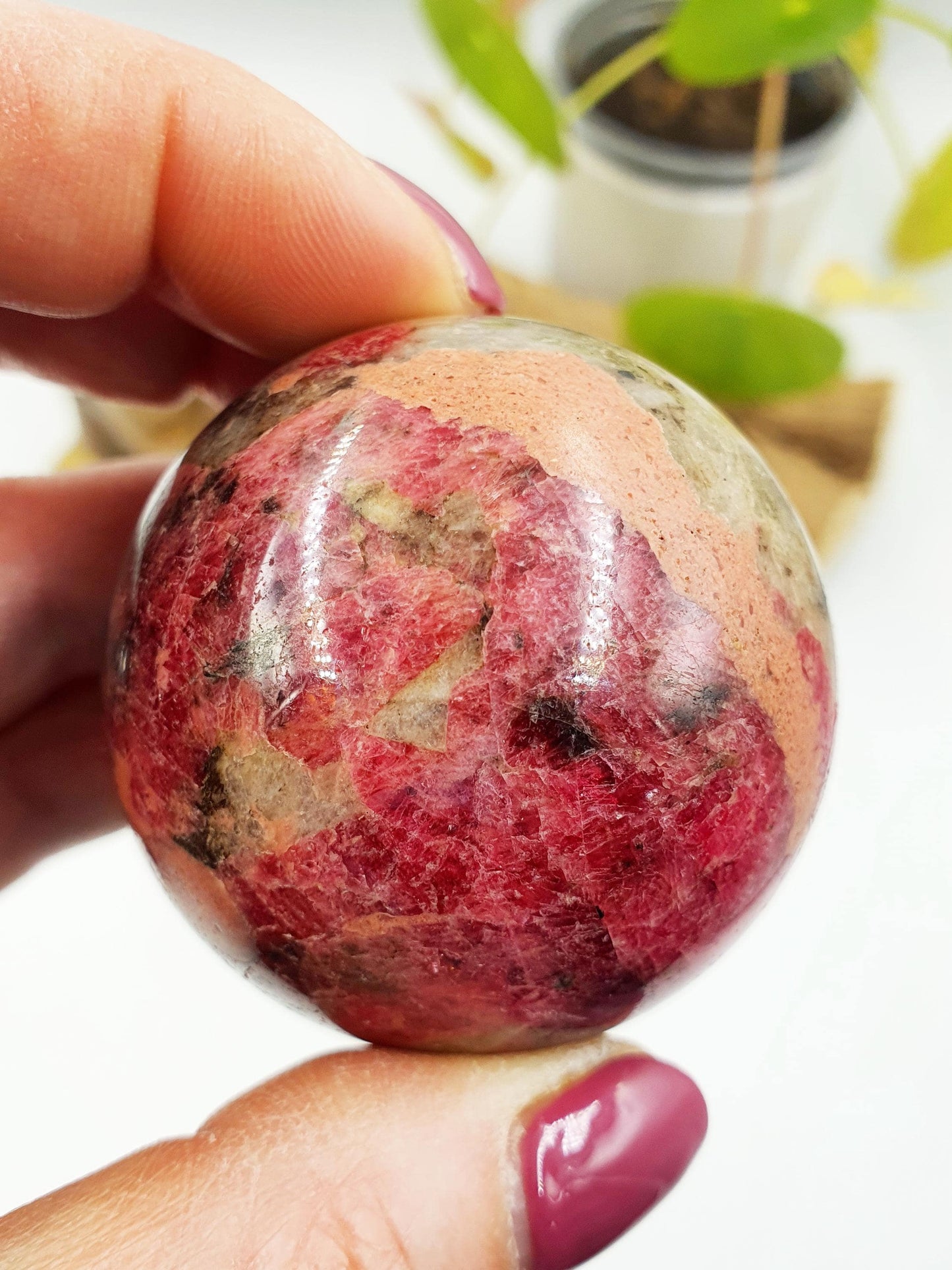 Beautiful Flashy Rhodonite, Tourmaline & Quartz Sphere / High Grade Rhodonite Ball / Rhodonite Crystal Orb - 48mm