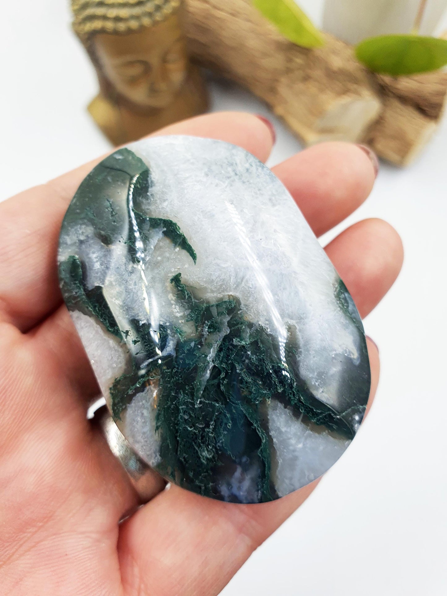 Druzy Moss Agate Palm / Moss Agate Palm Stone / Meditation Palm / Meditation Palm / Reiki Crystsl Palm - 90g