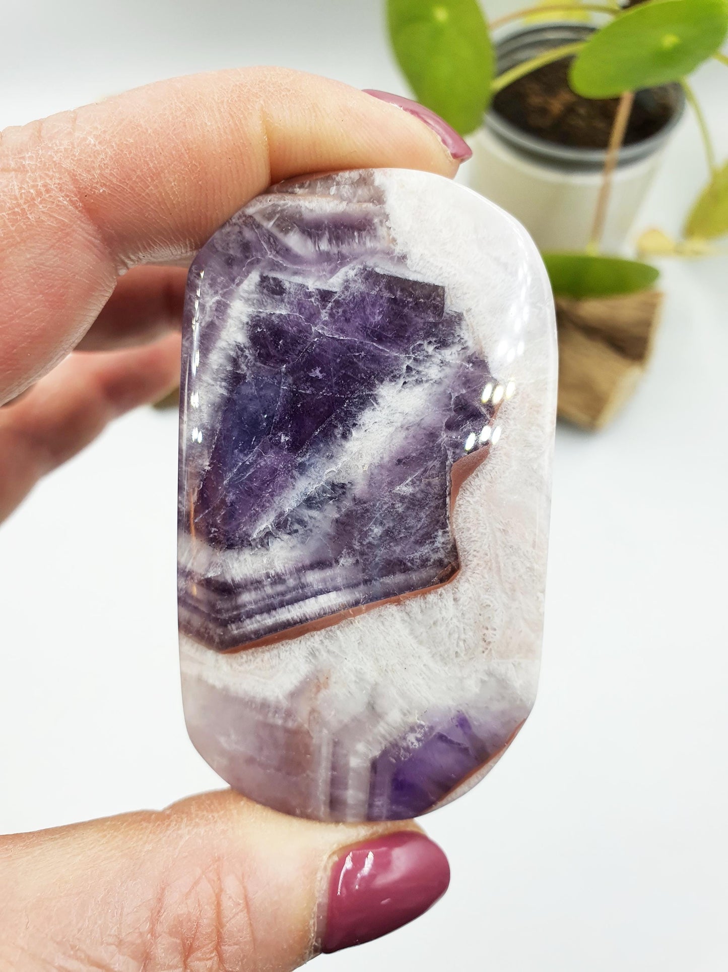 Dream Amethyst Palm / Dream Amethyst Palm Stone / Chevron Amethyst Palm / Pocket Stone / Amethyst Meditation Palm / Reiki Crystal Palm- 100g