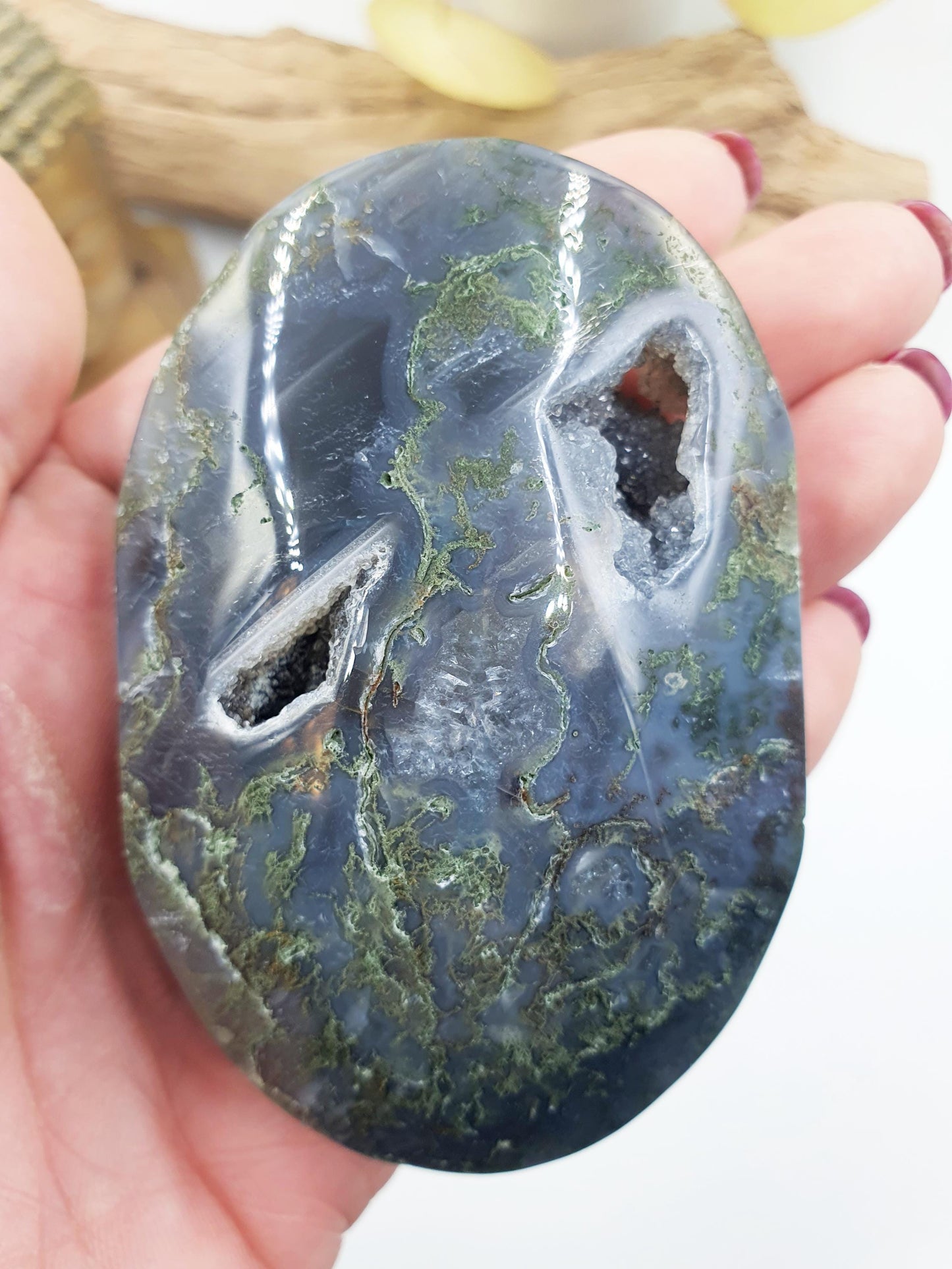 Large Drusy Moss Agate Palm / Moss Agate Palm Stone / Meditation Palm / Reiki Crystal Palm - 180g