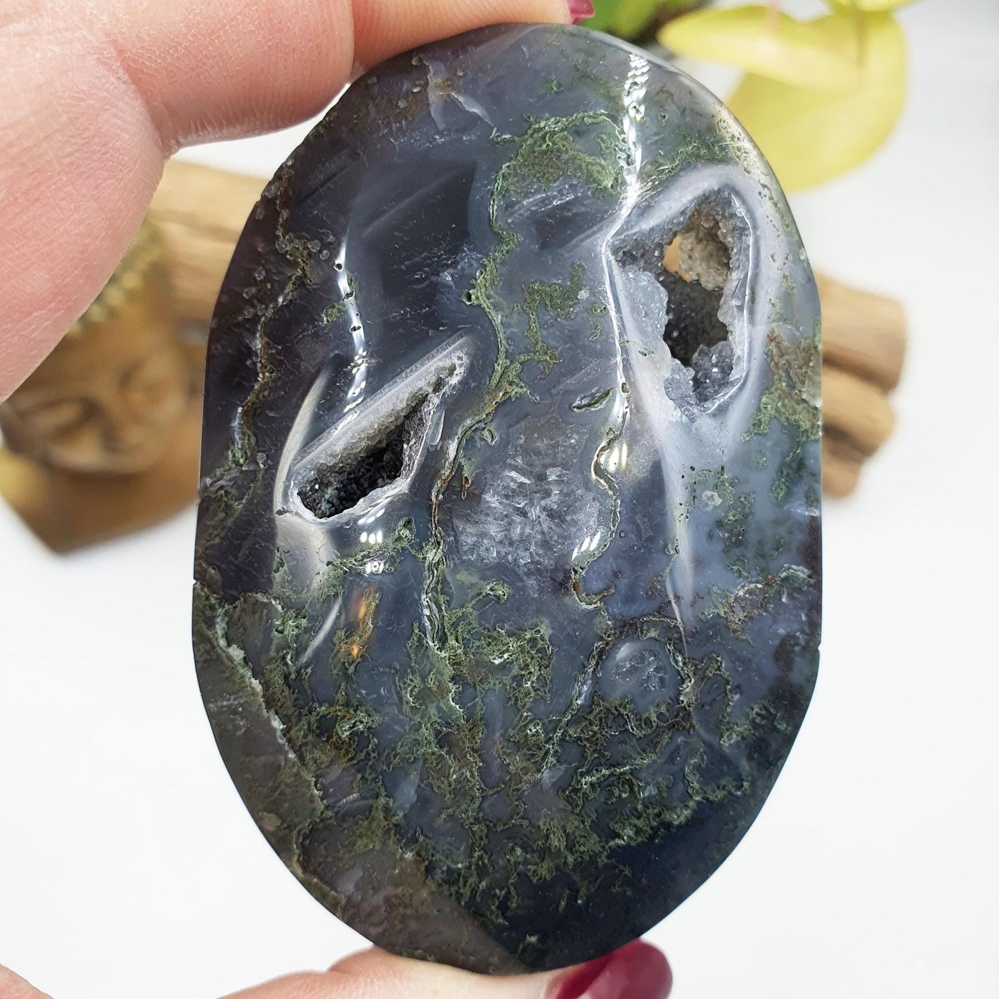 Large Drusy Moss Agate Palm / Moss Agate Palm Stone / Meditation Palm / Reiki Crystal Palm - 180g