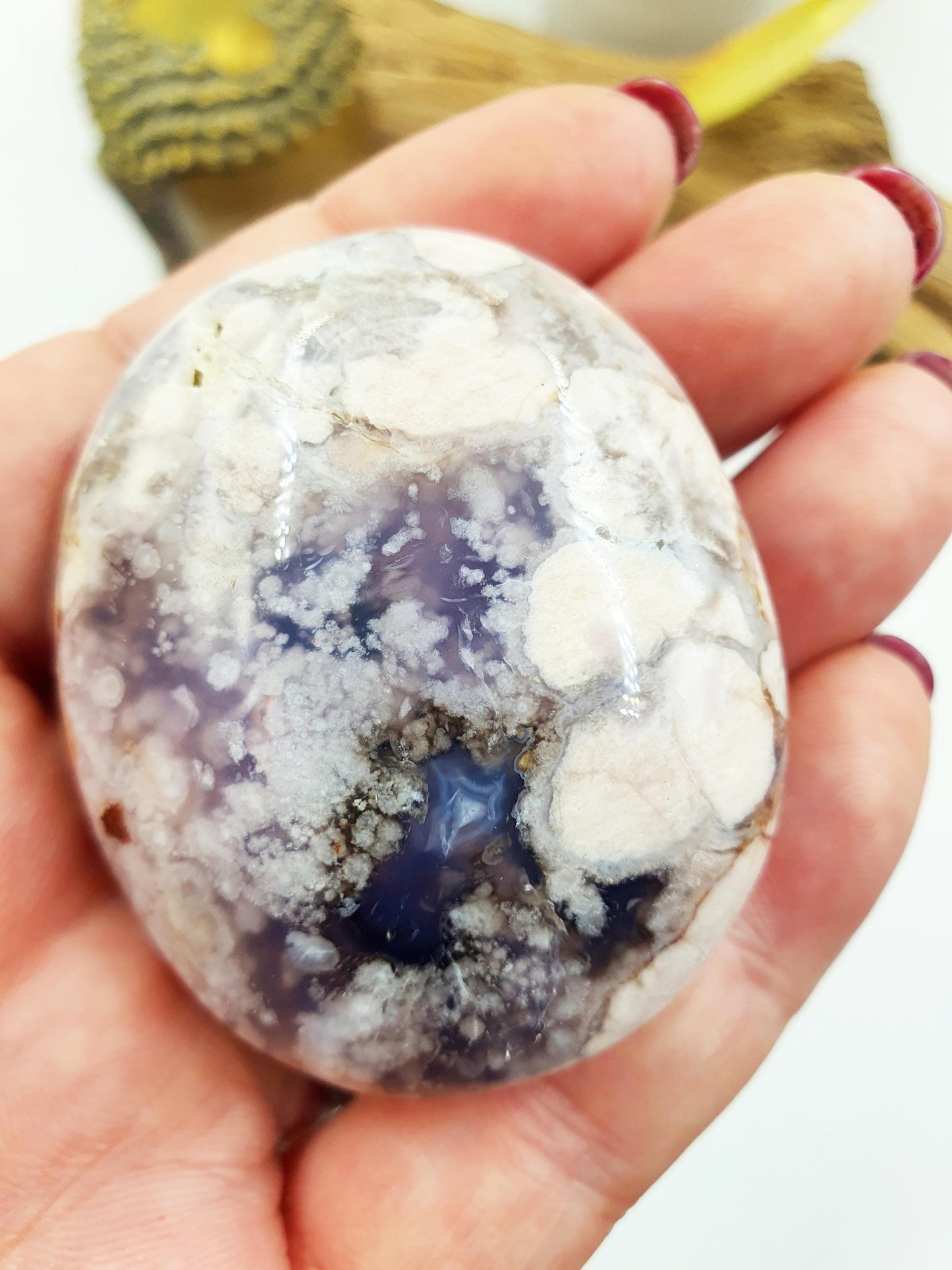 Large Beautiful Blue Flower Agate Palm / Sakura Agate Palm Stone / Blue Flower Agate Crystal / Meditation Palm - 85g