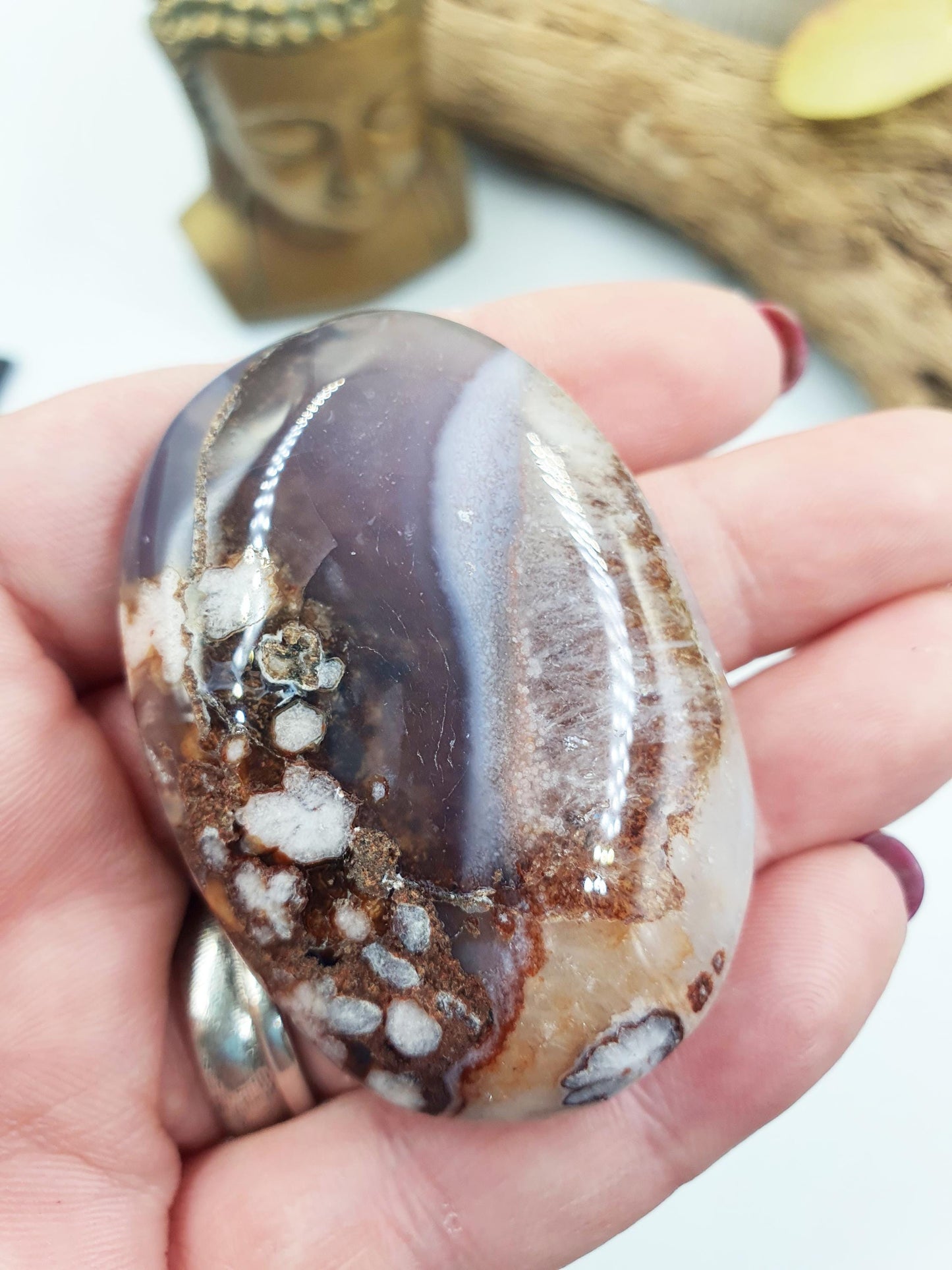 Beautiful Blue Flower Agate Palm / Unique Sakura Agate Palm Stone / Blue Flower Agate Crystal / Meditation Palm - 55g