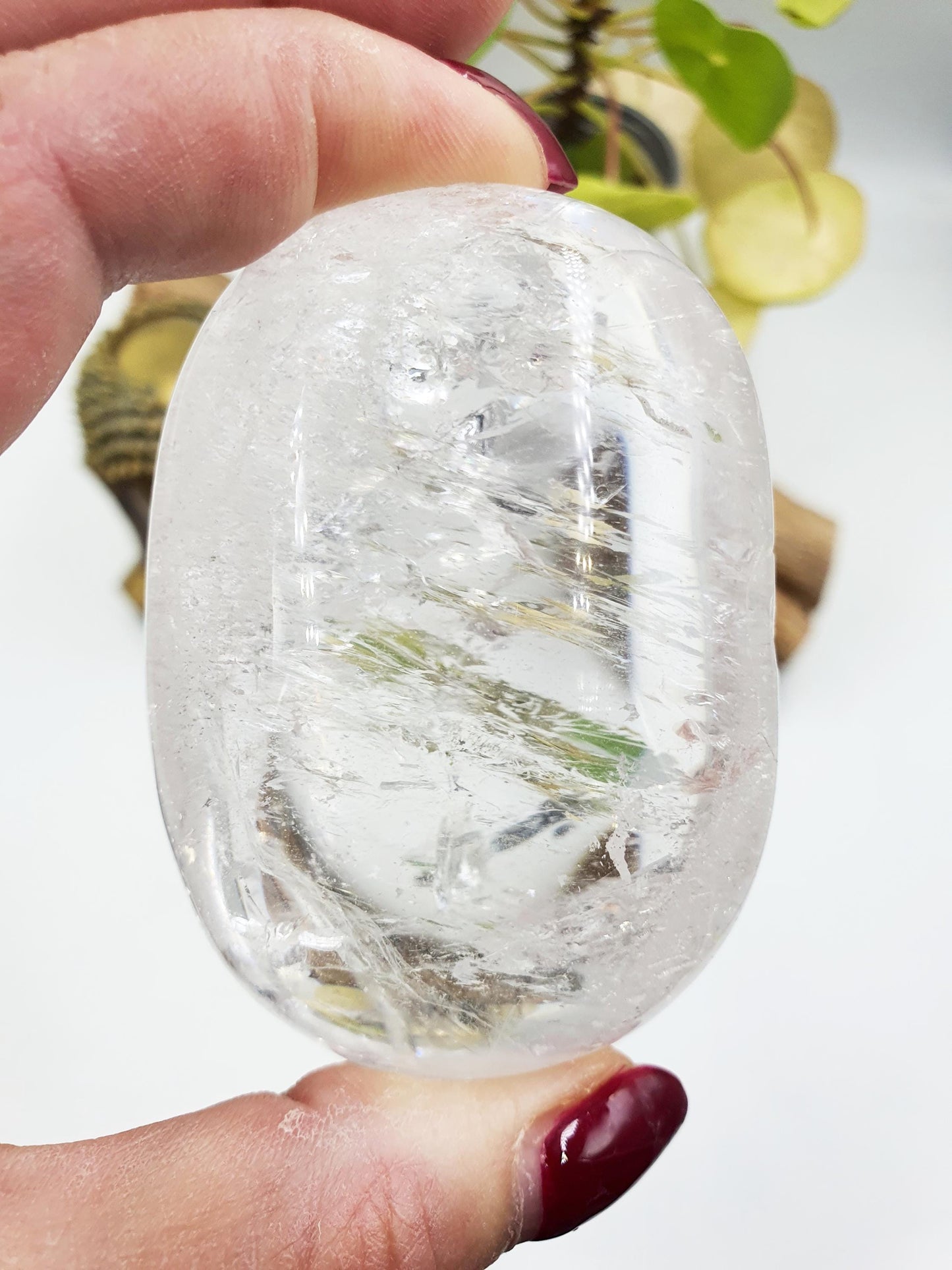 Clear Quartz Palm with shimmering inclusions and rainbow flashes/ Clear Quartz Palm Stone / Reiki Crystal Palm / Meditation Palm - 190g
