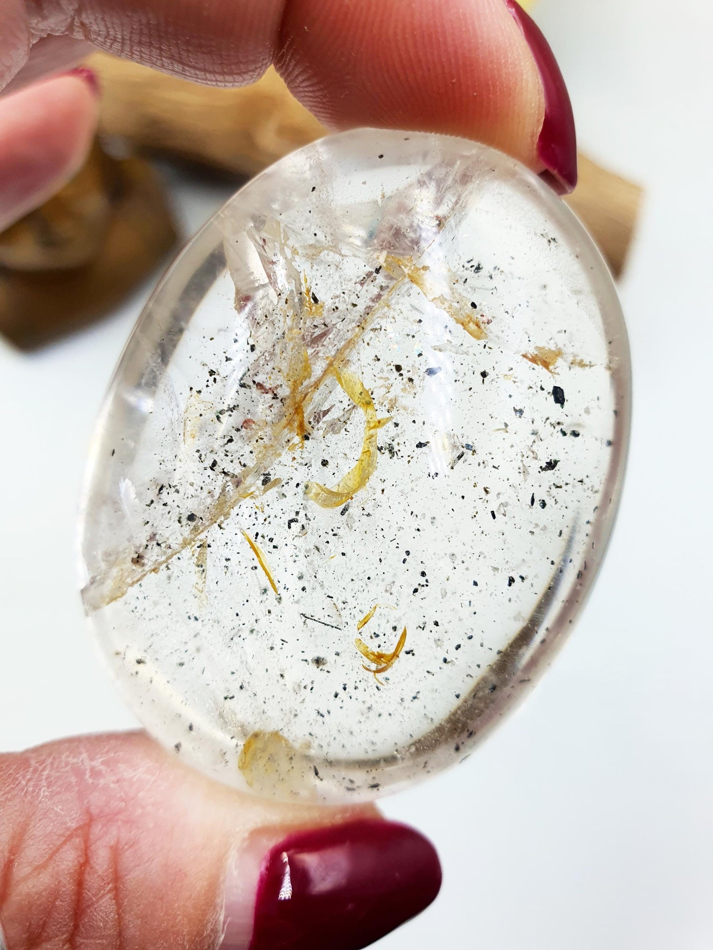 Clear Quartz Palm with Golden Healer, shimmering unique inclusions and rainbow / Clear Quartz Palm Stone / Reiki Crystal Palm - 75g