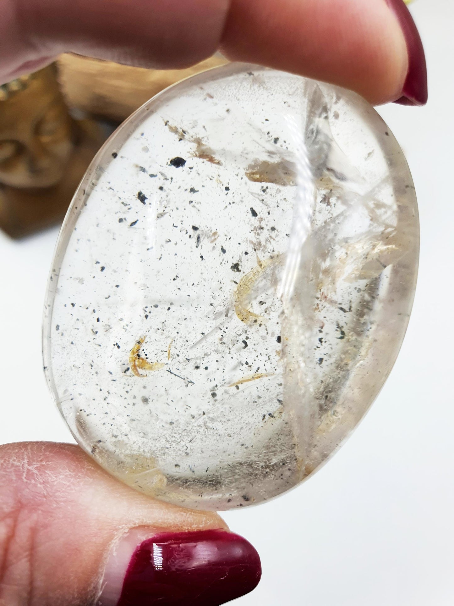 Clear Quartz Palm with Golden Healer, shimmering unique inclusions and rainbow / Clear Quartz Palm Stone / Reiki Crystal Palm - 75g