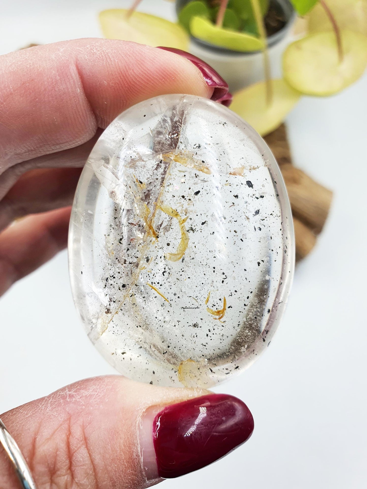 Clear Quartz Palm with Golden Healer, shimmering unique inclusions and rainbow / Clear Quartz Palm Stone / Reiki Crystal Palm - 75g