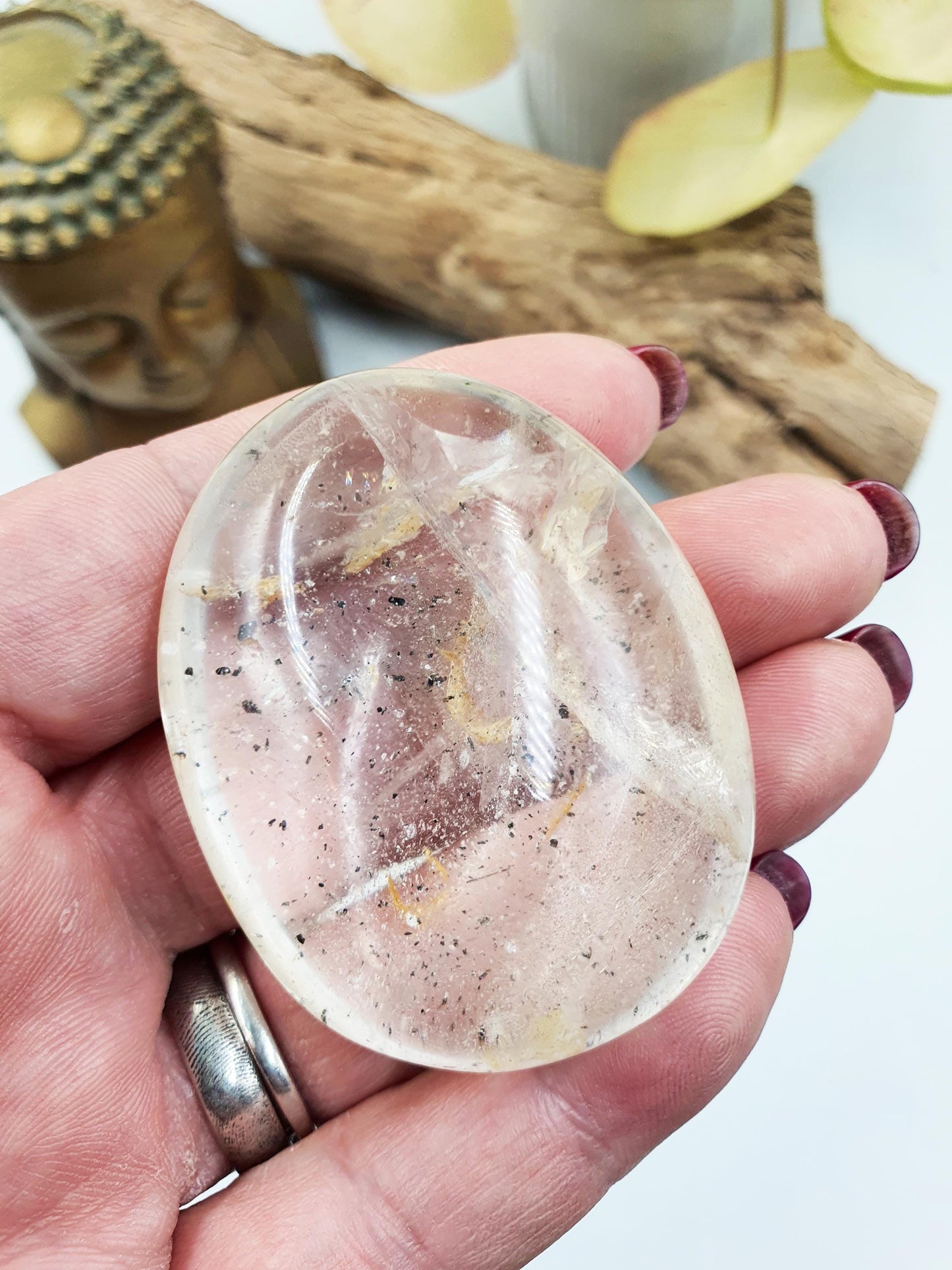 Clear Quartz Palm with Golden Healer, shimmering unique inclusions and rainbow / Clear Quartz Palm Stone / Reiki Crystal Palm - 75g