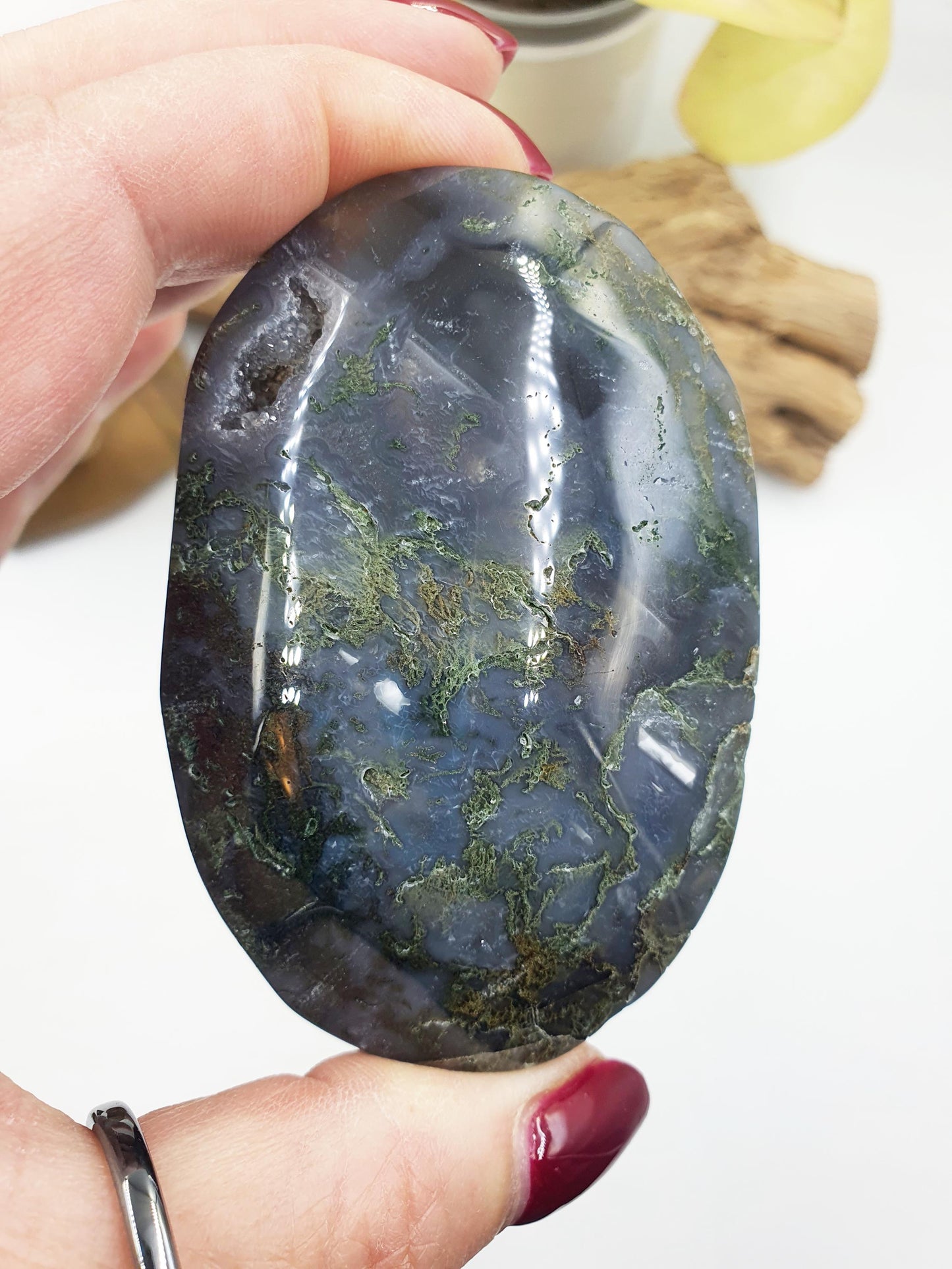 Large Drusy Moss Agate Palm / Moss Agate Palm Stone / Meditation Palm / Reiki Crystal Palm - 180g