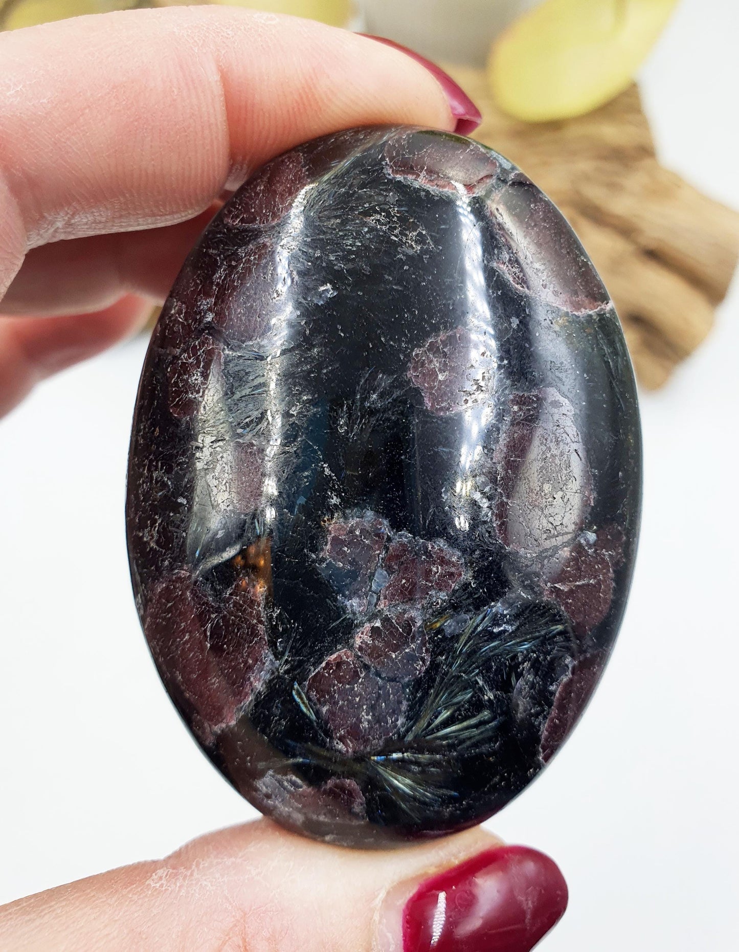 Astrophyllite and Garnet Palm / Firework Garnet Palm Stone / Meditation Palm / Reiki Crystal Palm - 130g
