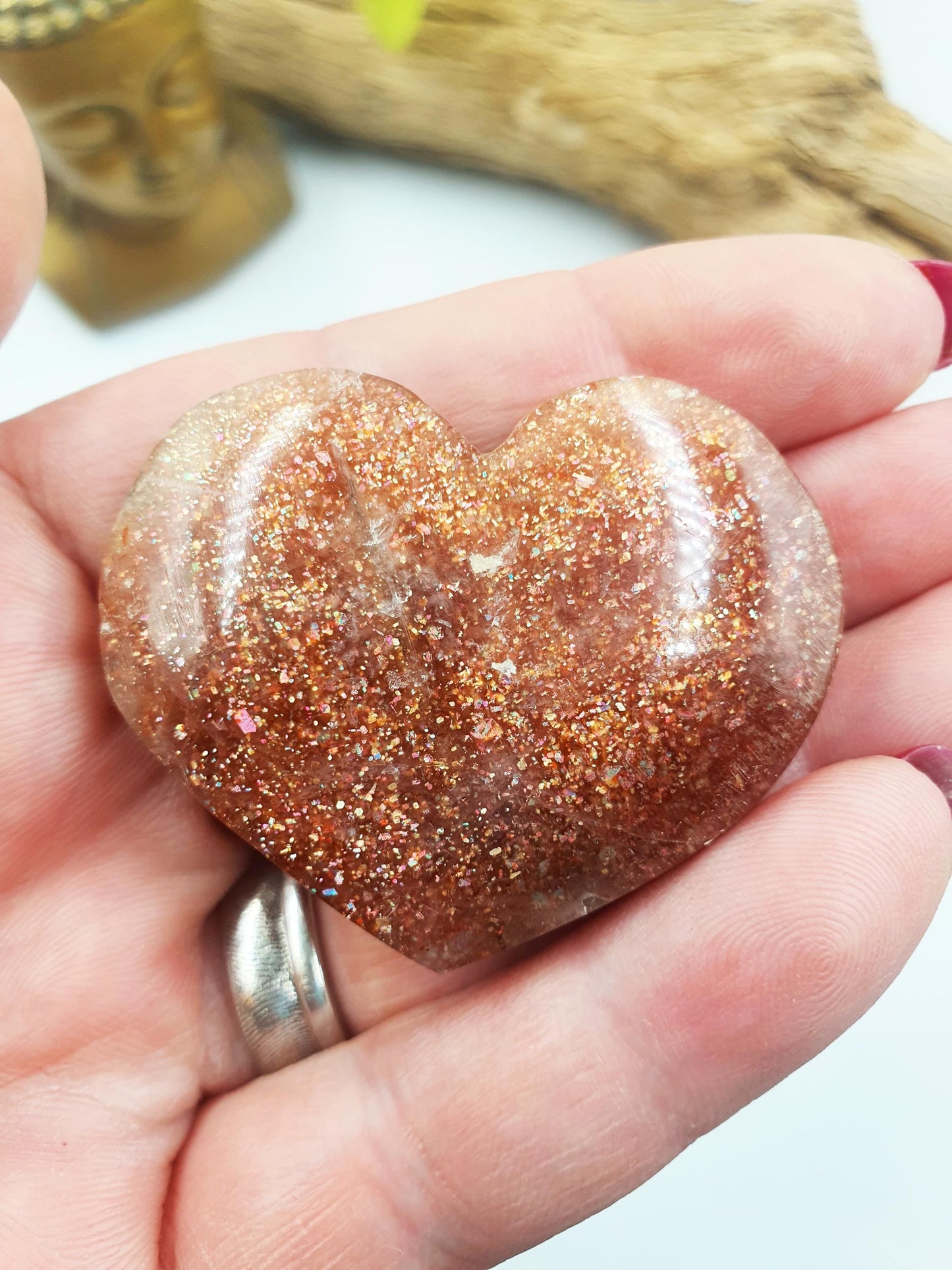 Sparkly Sunstone Heart / Sunstone Crystal Puff Heart / Confetti Sunstone Heart Carving - 35g