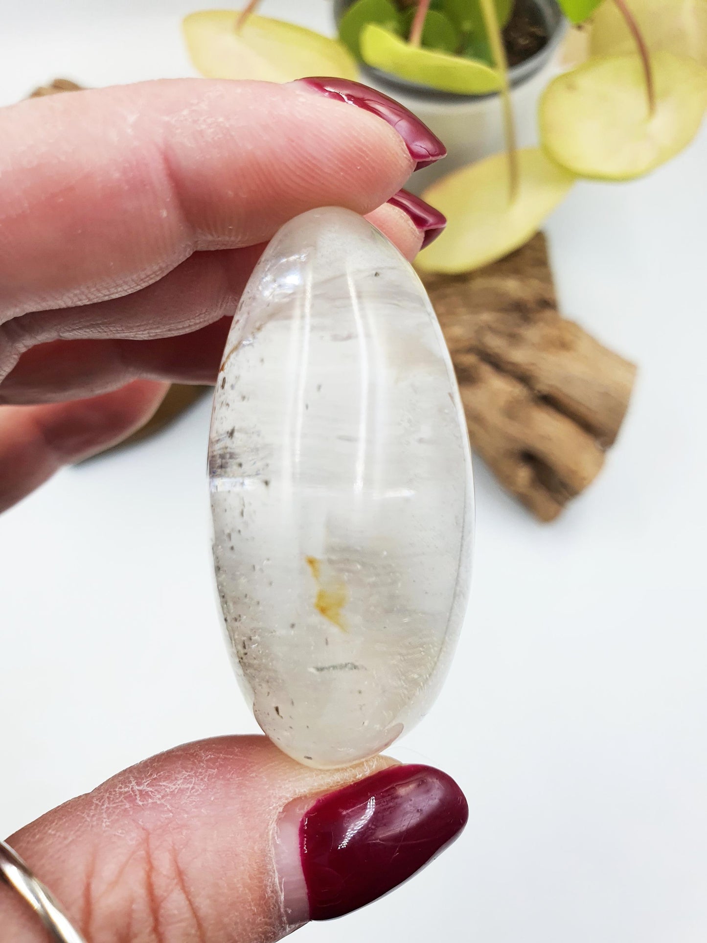 Clear Quartz Palm with Golden Healer, shimmering unique inclusions and rainbow / Clear Quartz Palm Stone / Reiki Crystal Palm - 75g