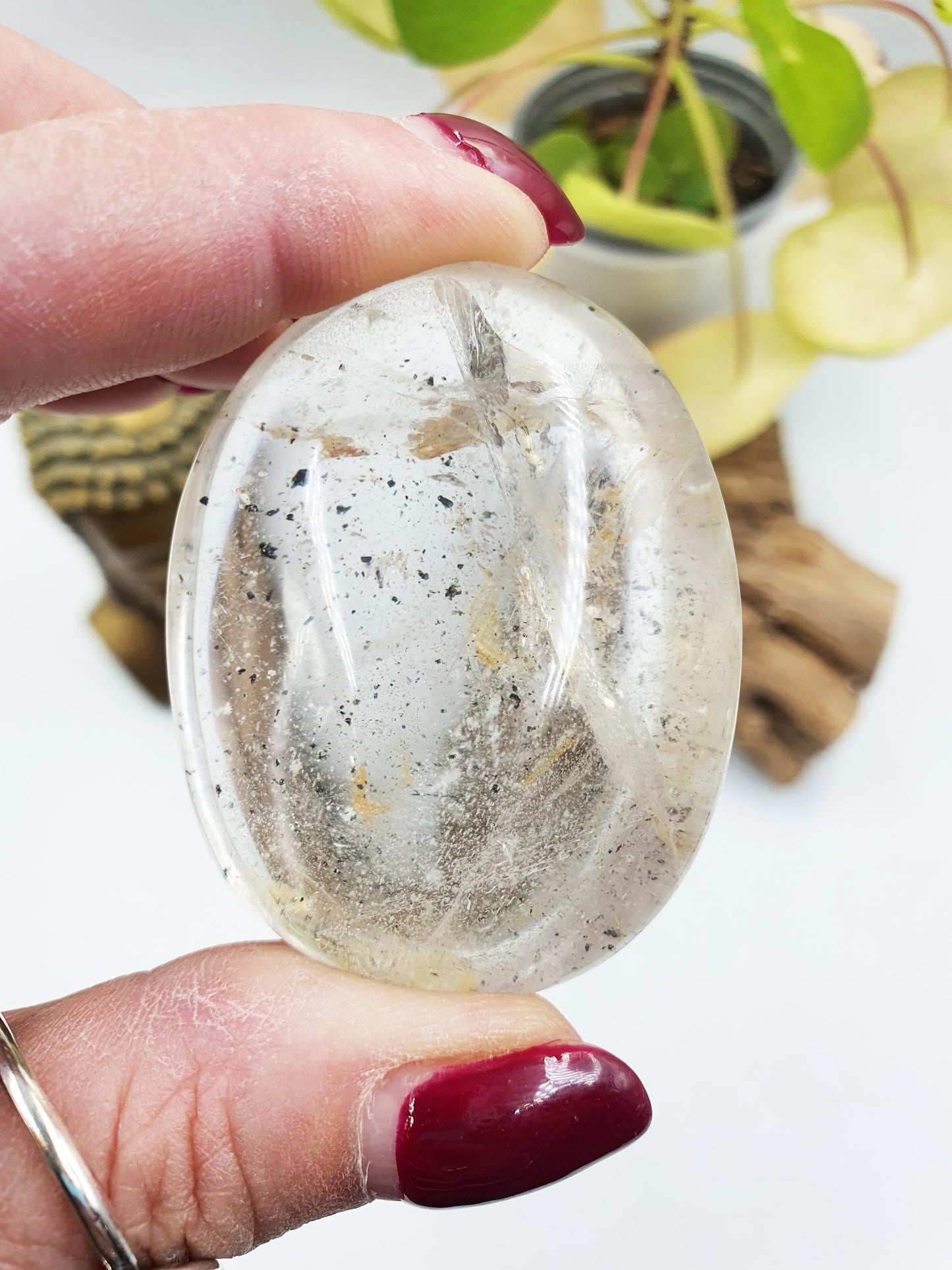 Clear Quartz Palm with Golden Healer, shimmering unique inclusions and rainbow / Clear Quartz Palm Stone / Reiki Crystal Palm - 75g