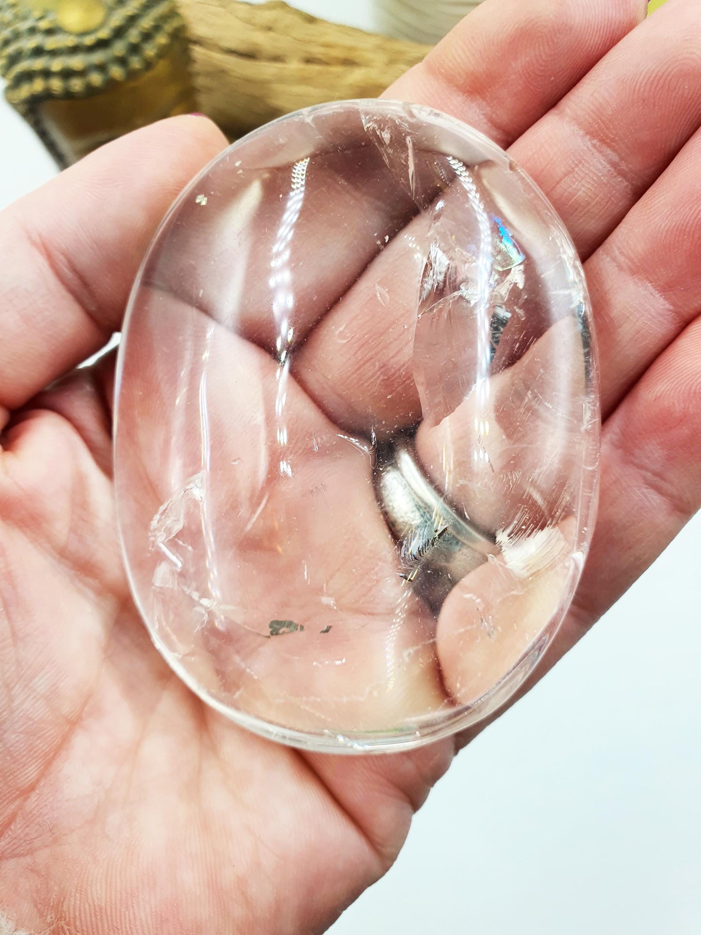 Beautiful Large Clear Quartz Palm with rainbows / Clear Quartz Palm Stone with shimmering inclusions/ Meditation Palm / Reiki Crystal - 150g