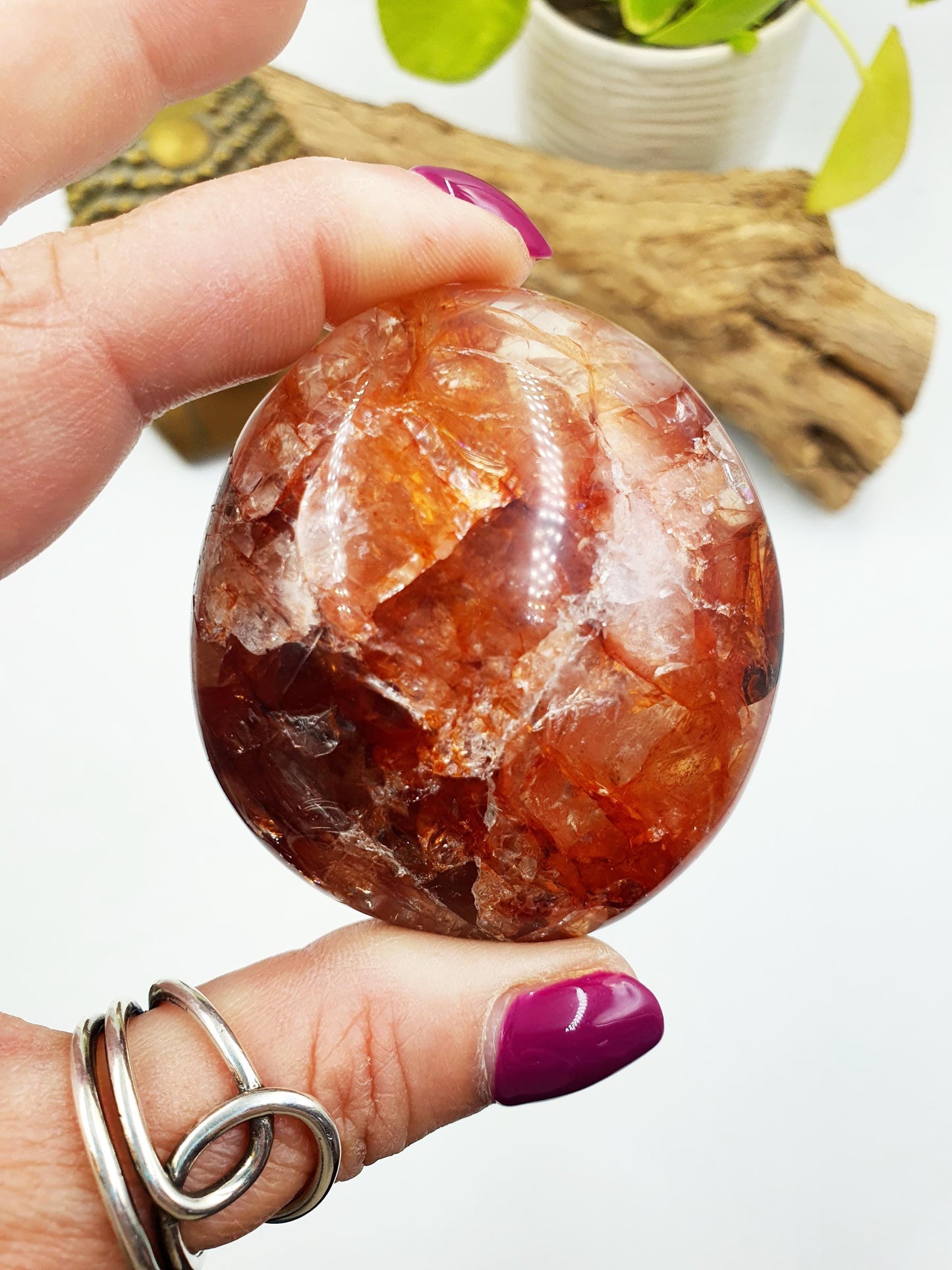 Sparkly Fire Quartz Palm with rainbows / Hematoid Quartz Palm / Healing Palm Stone / Meditation Palm / Reiki Crystal Palm - 140g