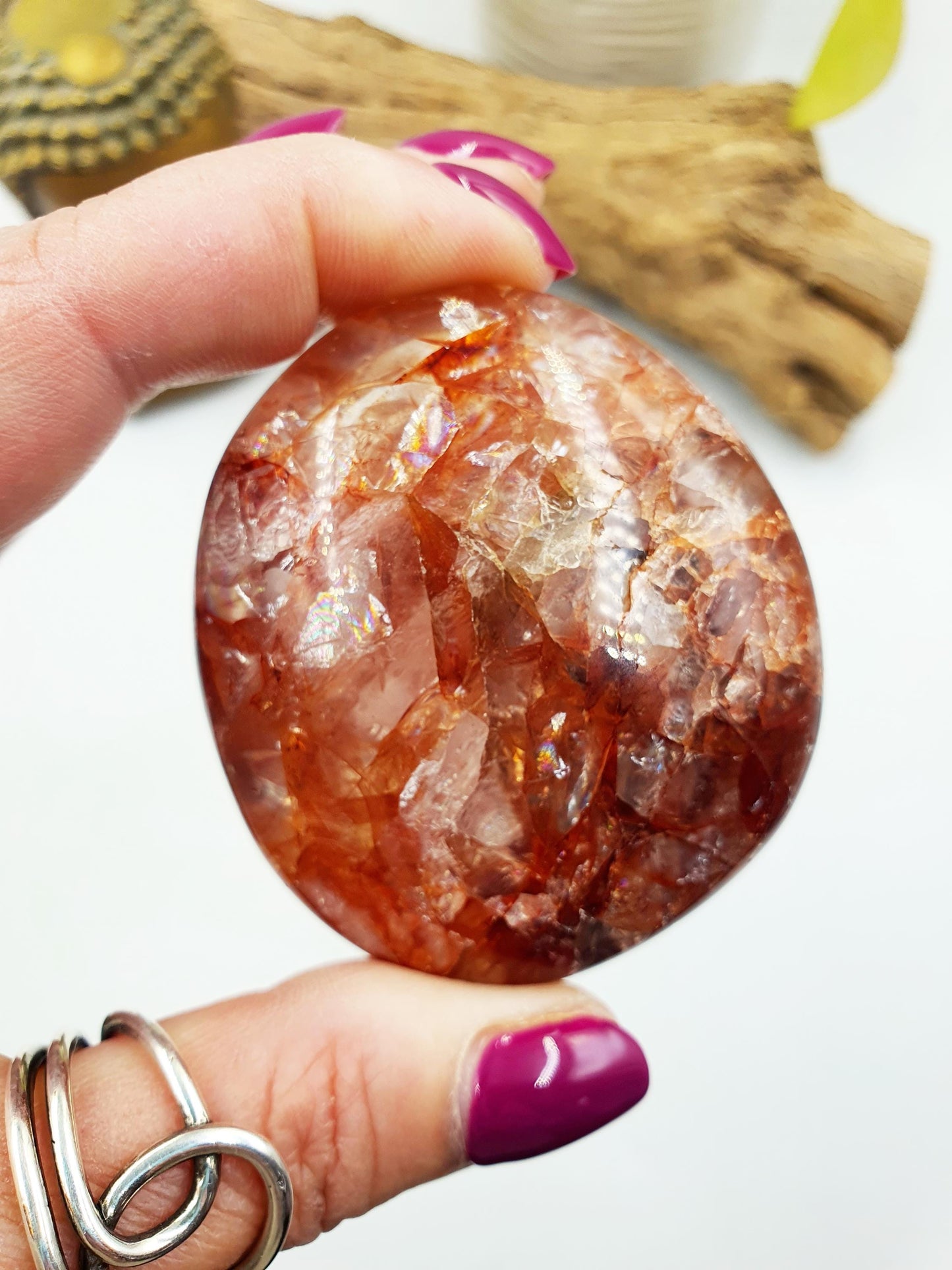 Sparkly Fire Quartz Palm with rainbows / Hematoid Quartz Palm / Healing Palm Stone / Meditation Palm / Reiki Crystal Palm - 140g