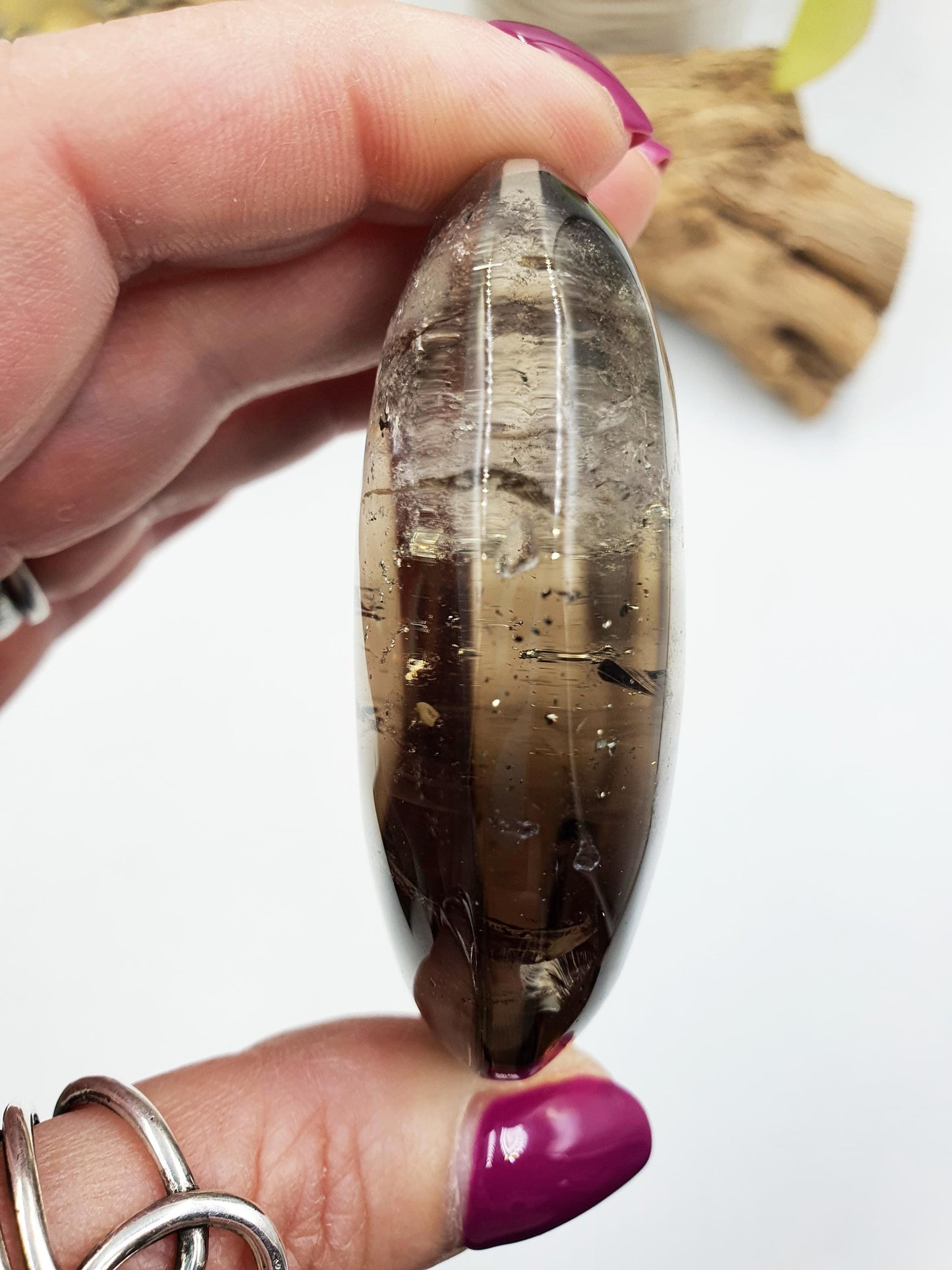 Unique Large Smoky Quartz Palm with rainbows / Smoky Quartz Palm Stone / Meditation Palm / Reiki Crystal Palm - 135g