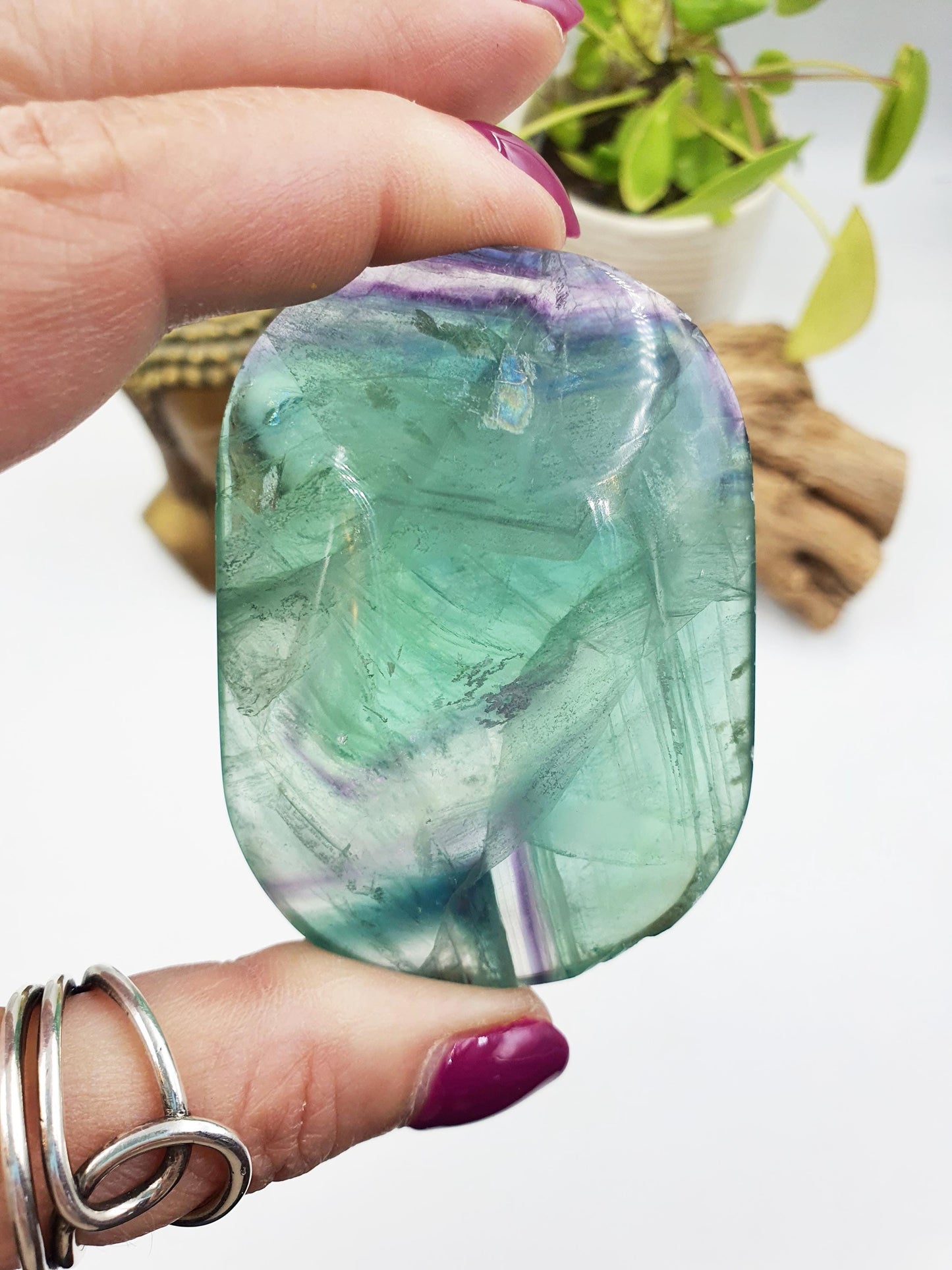 Flashy Fluorite Palm with Rainbows / Fluorite Palm Stone / Large Purple and Green Fluorite Palm Stone / Meditation Palm - 175g