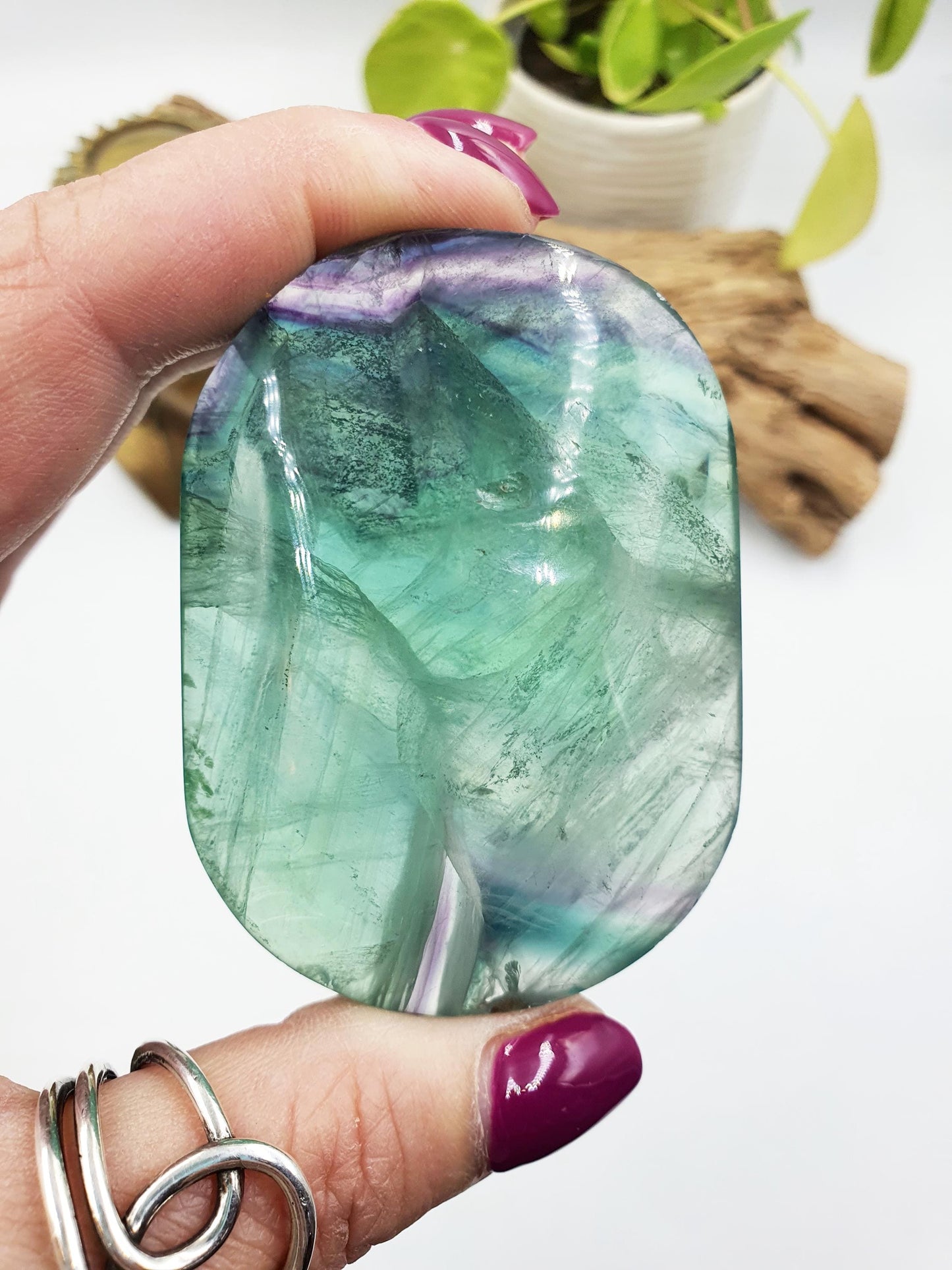 Flashy Fluorite Palm with Rainbows / Fluorite Palm Stone / Large Purple and Green Fluorite Palm Stone / Meditation Palm - 175g