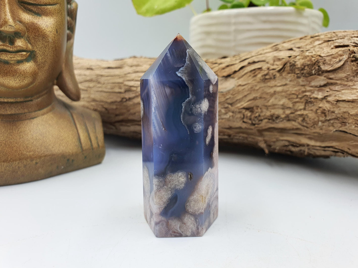Pretty Blue Flower Agate Point / Sakura Agate Tower / Blue Flower Agate Crystal Obelisk / Healing Tower - 105g