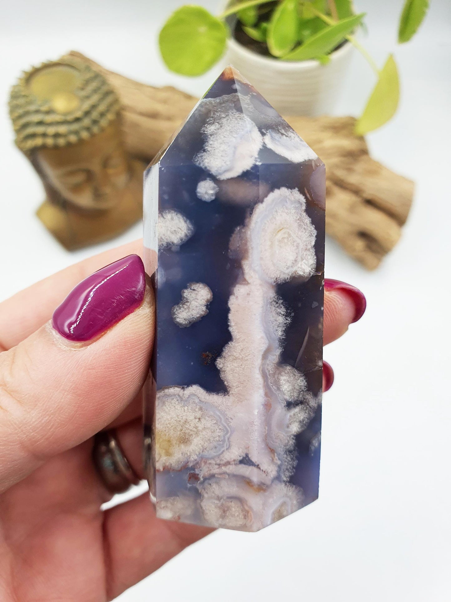 Pretty Blue Flower Agate Point / Sakura Agate Tower / Blue Flower Agate Crystal Obelisk / Healing Tower - 105g