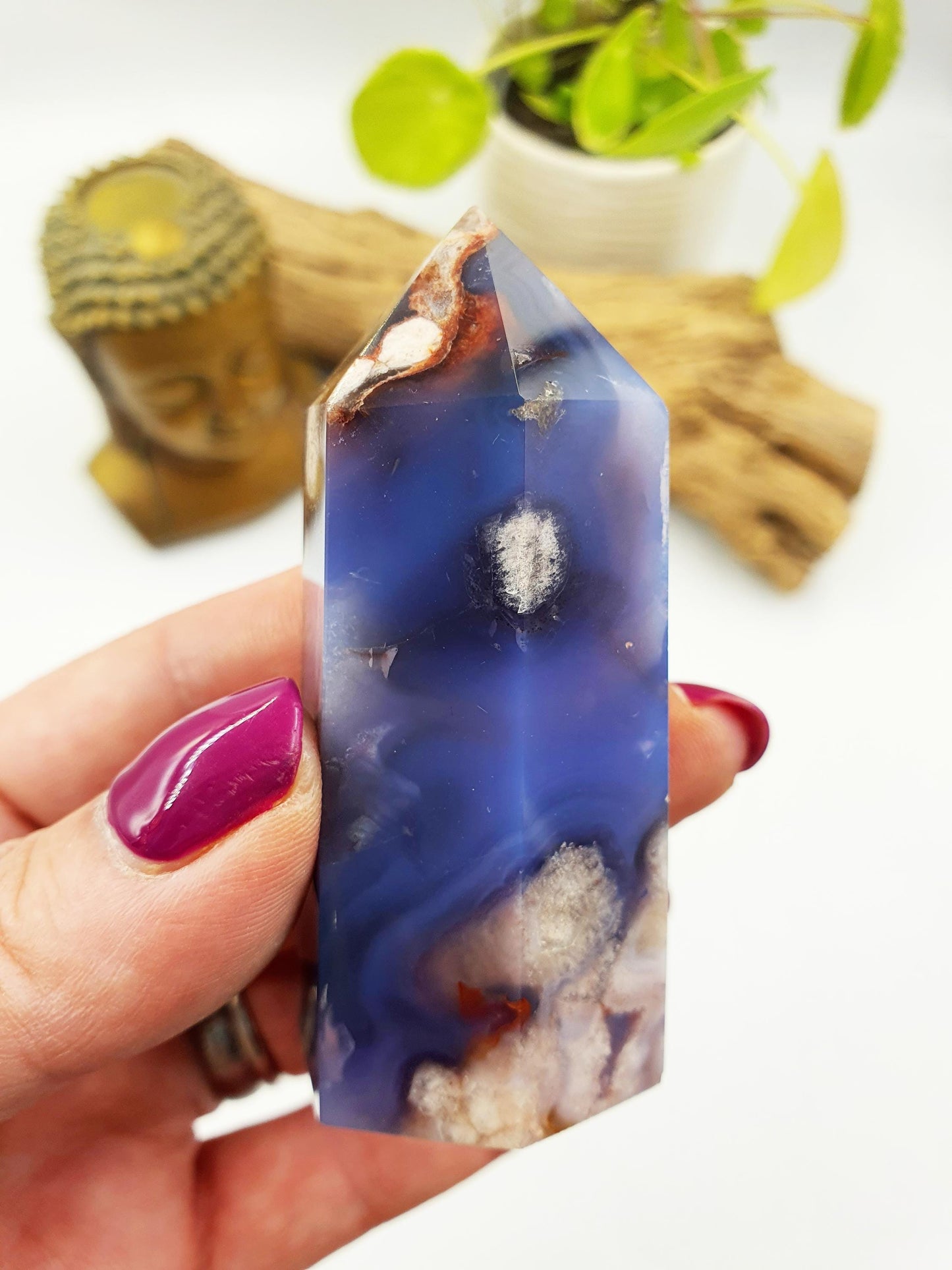 Pretty Blue Flower Agate Point / Sakura Agate Tower / Blue Flower Agate Crystal Obelisk / Healing Tower - 105g