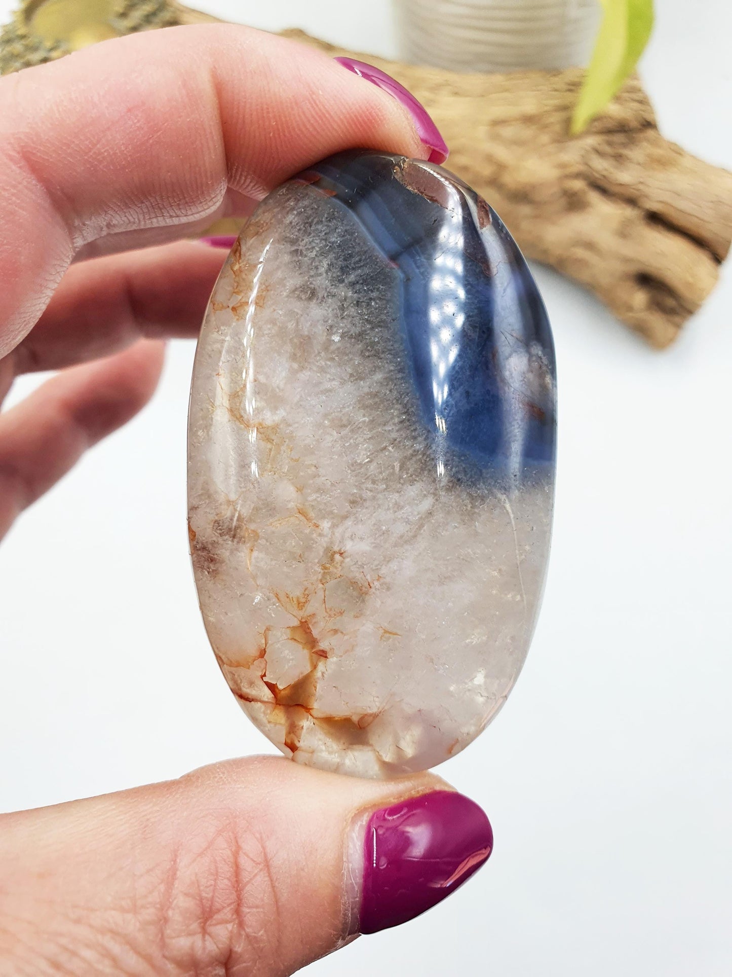 Unique Blue Flower Agate Palm Stone - Sakura Nurturing & Growth Crystal - 70g