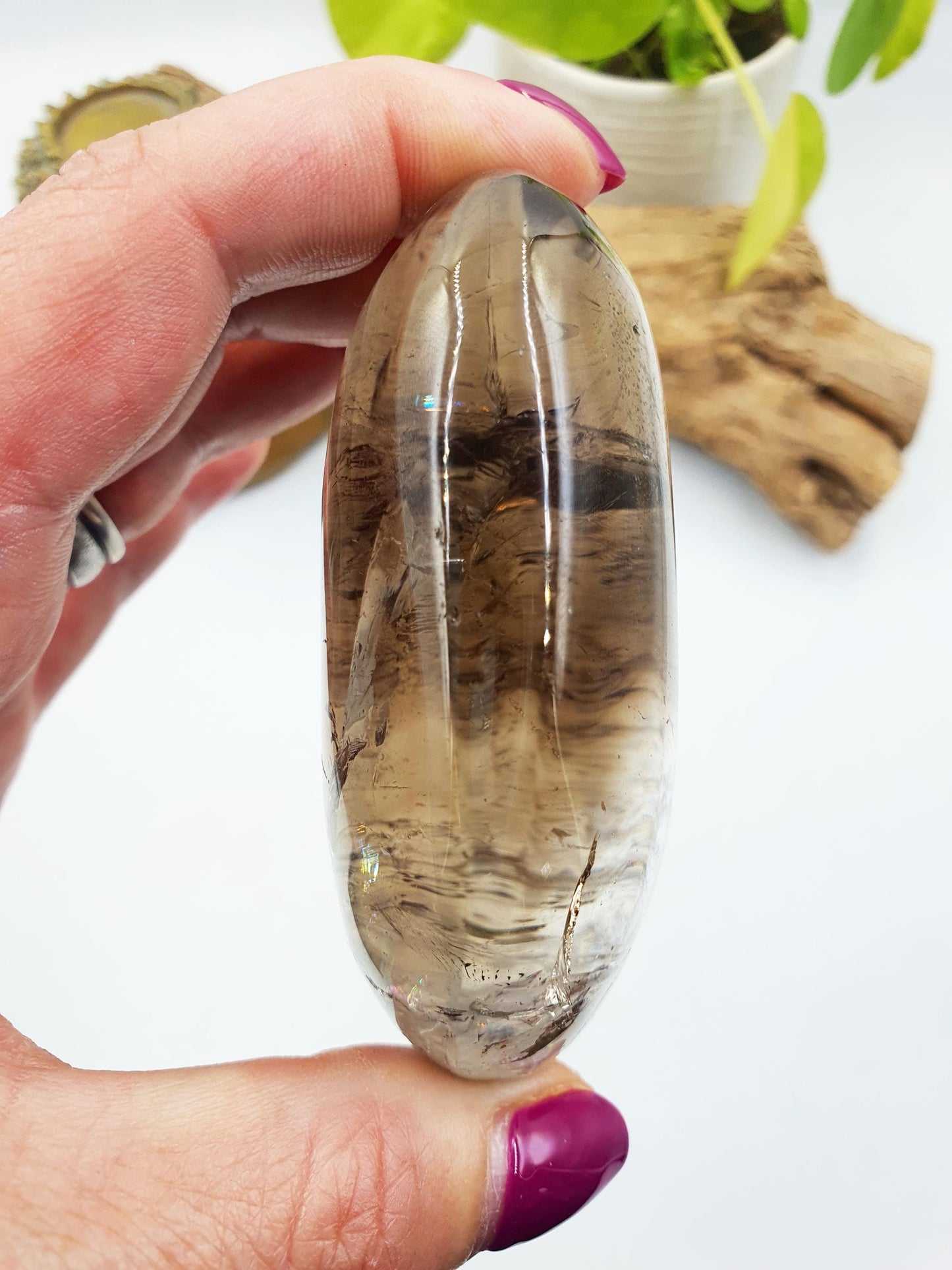 High Grade Large Smoky Quartz Palm Stone with Rainbows - Grounding & Protection Crystal - 220g