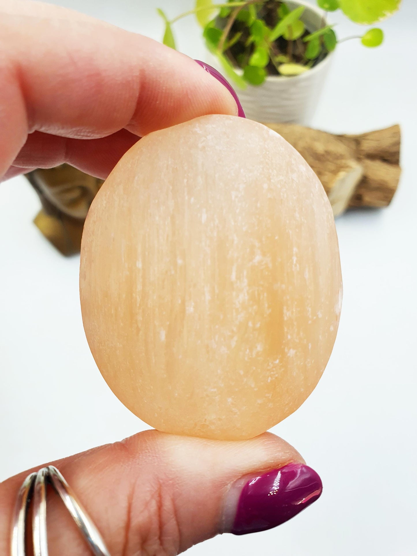 Peach Selenite Palm Stone - Calming & Cleansing Healing Crystal - 60g