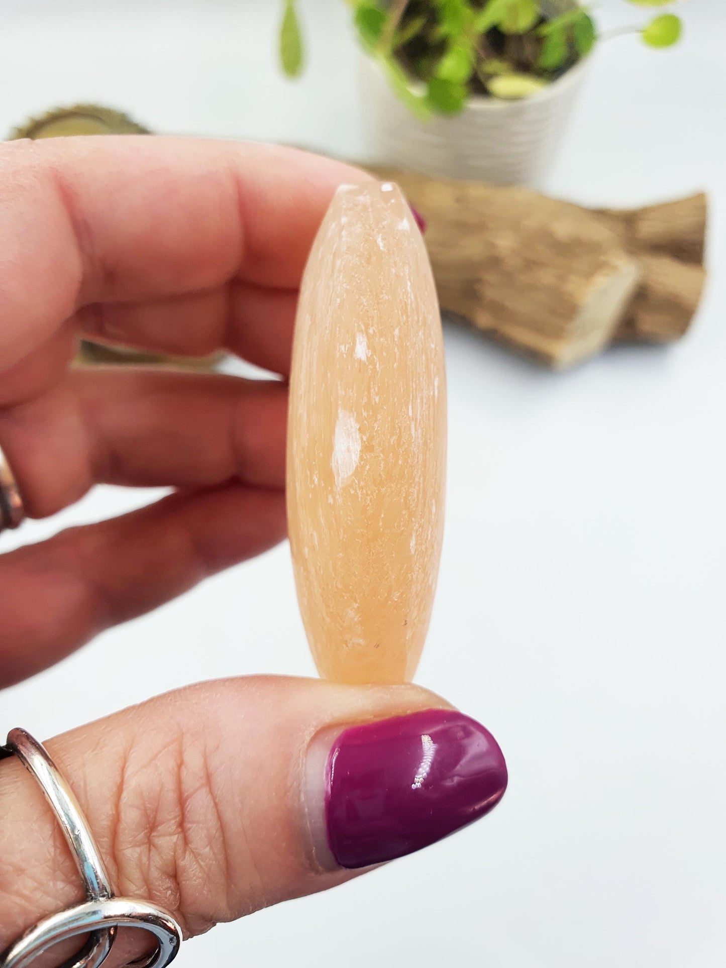 Peach Selenite Palm Stone - Calming & Cleansing Healing Crystal - 60g