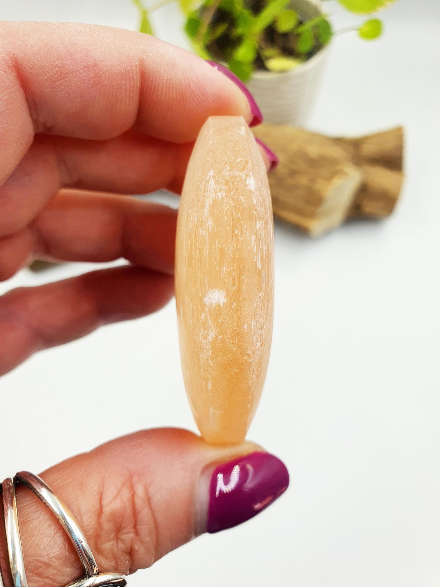 Peach Selenite Palm Stone - Calming & Cleansing Healing Crystal - 60g