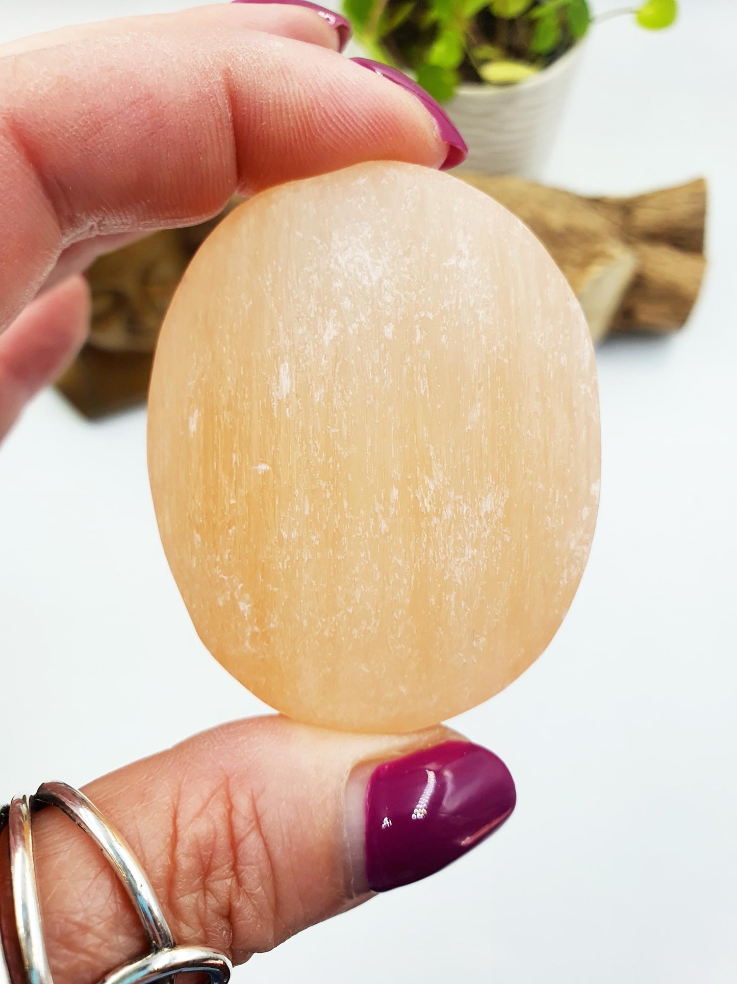 Peach Selenite Palm Stone - Calming & Cleansing Healing Crystal - 60g