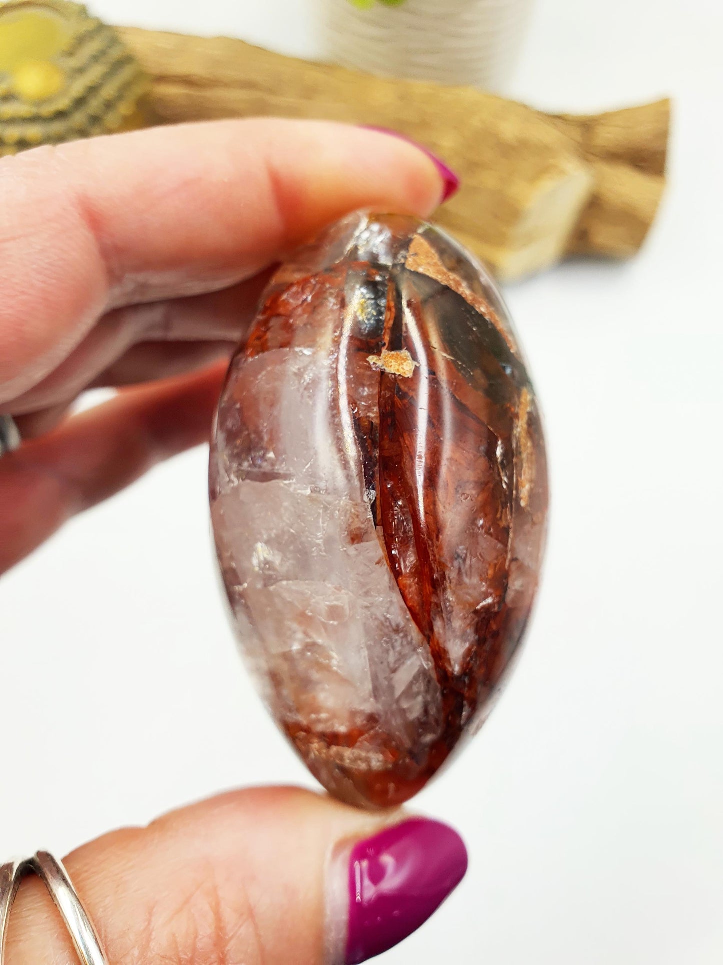 Fire Quartz (Hematoid) Palm Stone with rainbow flashes - Grounding & Vitality Crystal - 155g