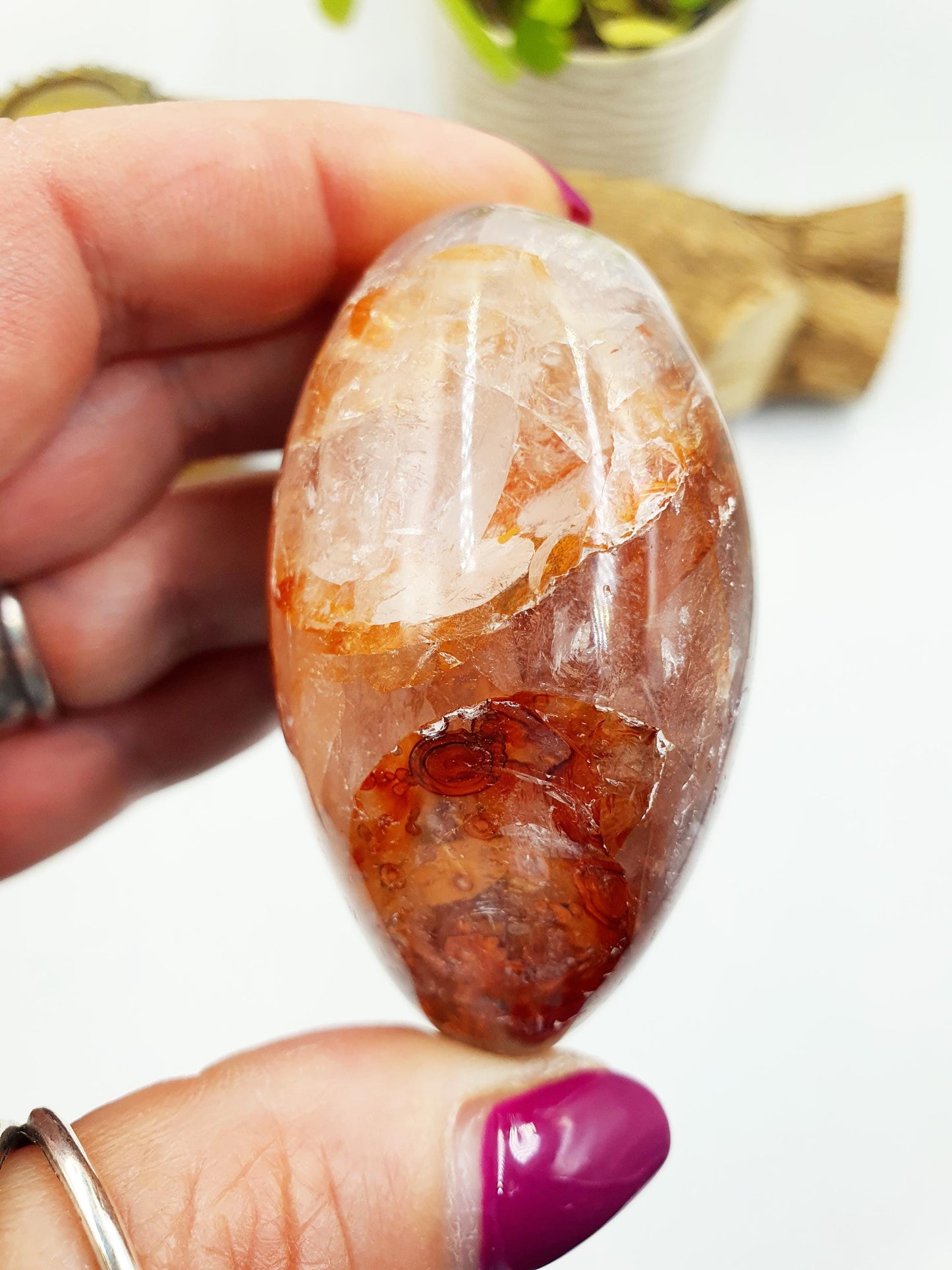 Fire Quartz (Hematoid) Palm Stone with rainbow flashes - Grounding & Vitality Crystal - 155g