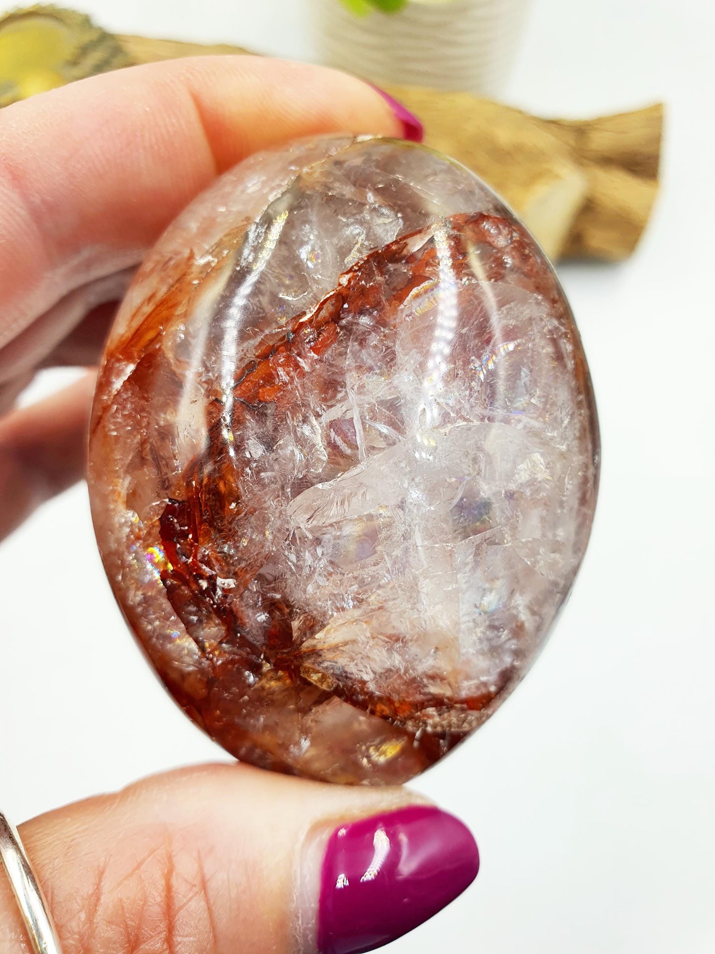 Fire Quartz (Hematoid) Palm Stone with rainbow flashes - Grounding & Vitality Crystal - 155g