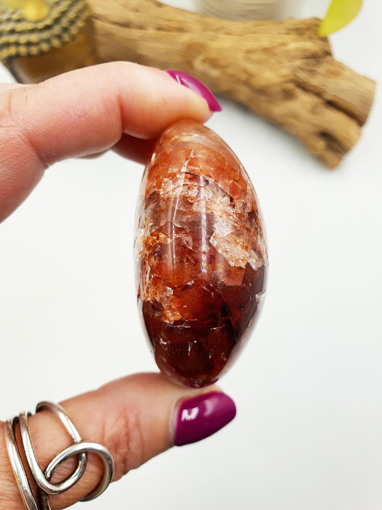 Sparkly Fire Quartz Palm with rainbows / Hematoid Quartz Palm / Healing Palm Stone / Meditation Palm / Reiki Crystal Palm - 140g
