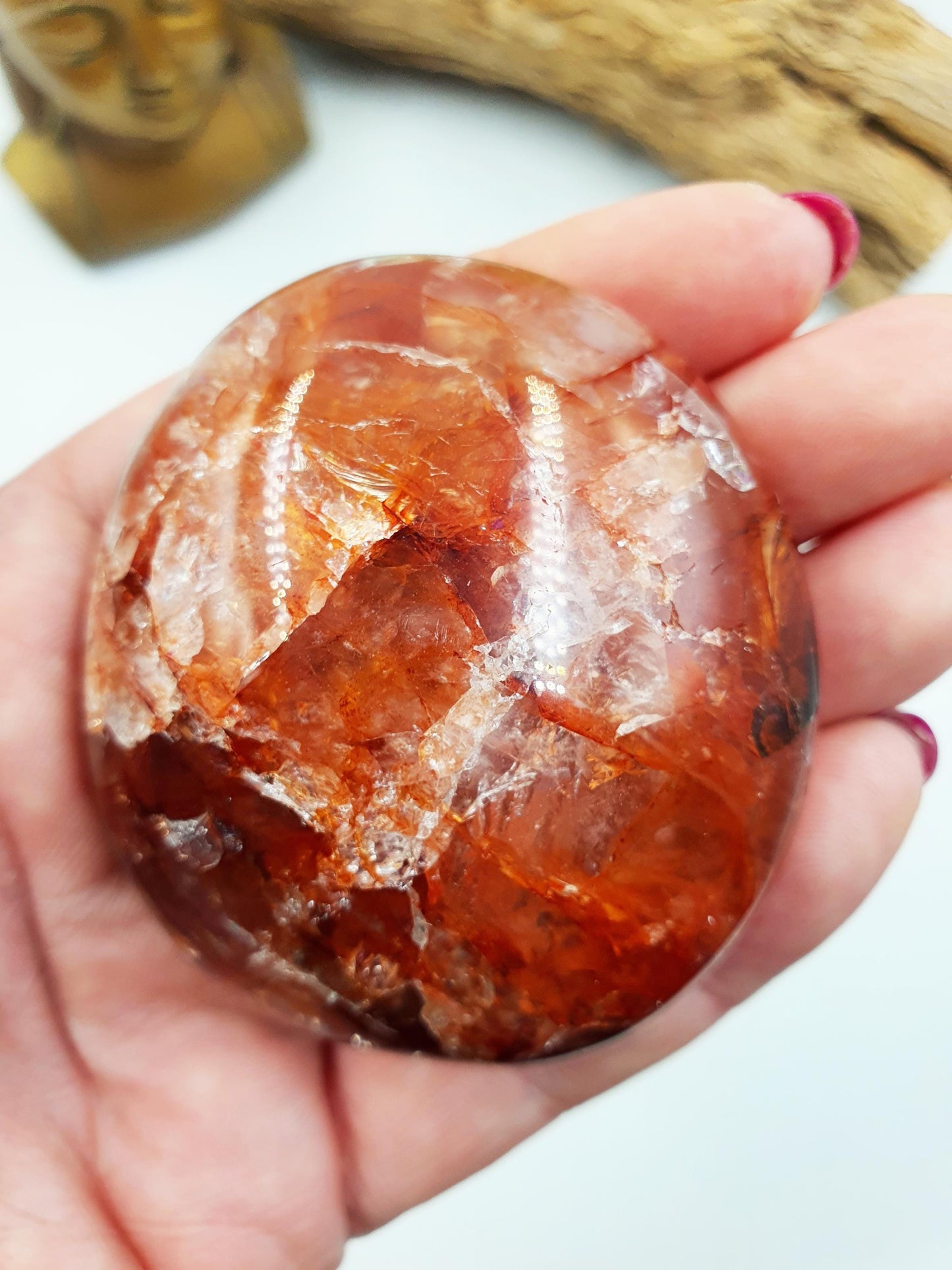 Sparkly Fire Quartz Palm with rainbows / Hematoid Quartz Palm / Healing Palm Stone / Meditation Palm / Reiki Crystal Palm - 140g