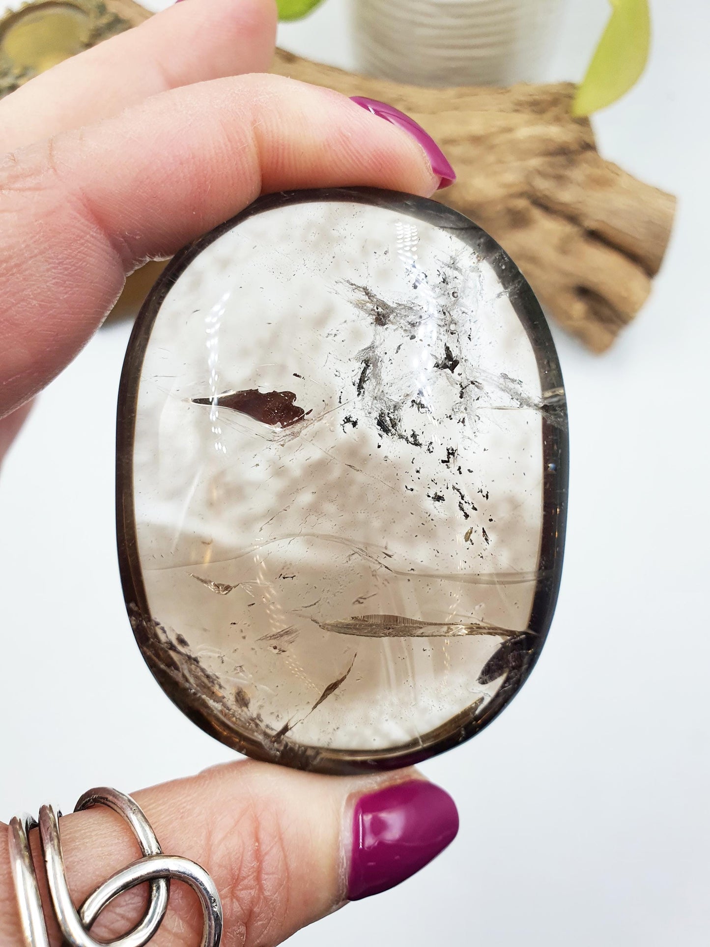 Unique Large Smoky Quartz Palm with rainbows / Smoky Quartz Palm Stone / Meditation Palm / Reiki Crystal Palm - 135g
