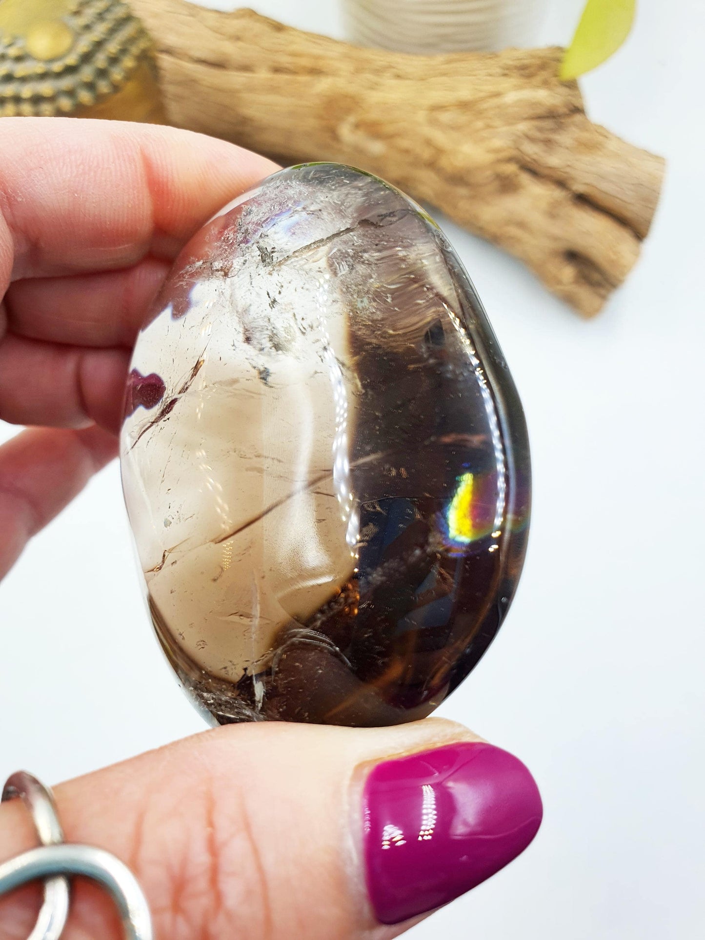 Unique Large Smoky Quartz Palm with rainbows / Smoky Quartz Palm Stone / Meditation Palm / Reiki Crystal Palm - 135g