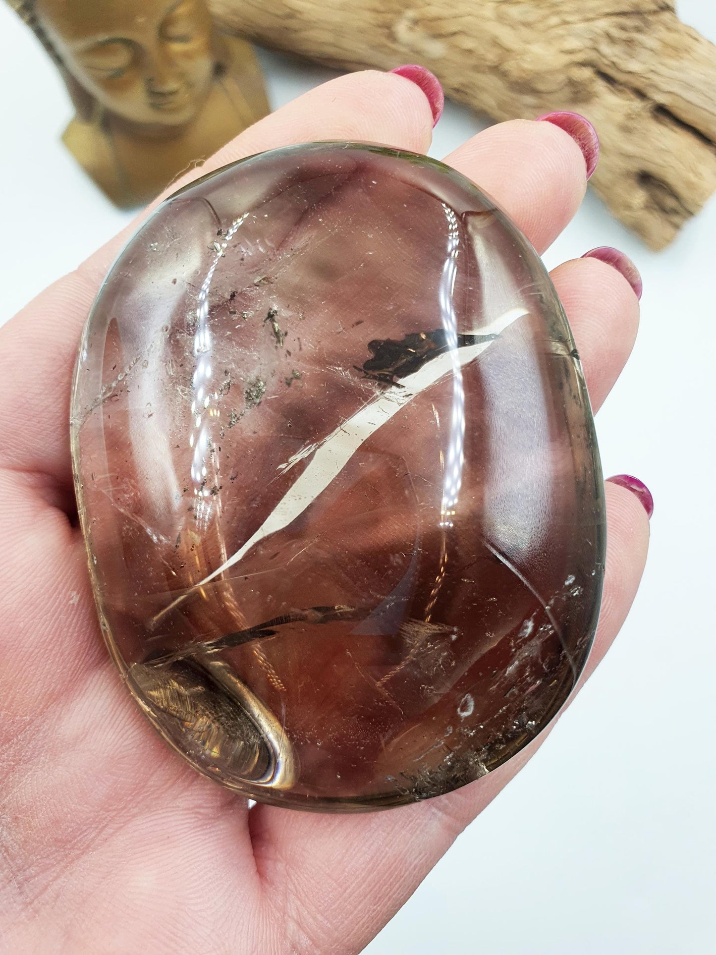 Unique Large Smoky Quartz Palm with rainbows / Smoky Quartz Palm Stone / Meditation Palm / Reiki Crystal Palm - 135g