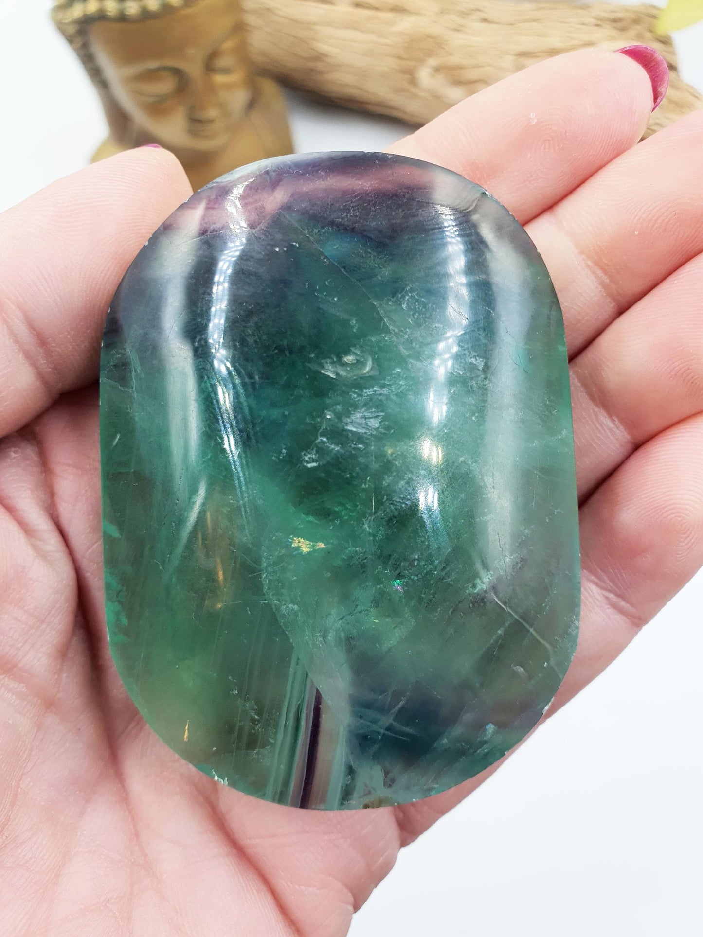 Flashy Fluorite Palm with Rainbows / Fluorite Palm Stone / Large Purple and Green Fluorite Palm Stone / Meditation Palm - 175g