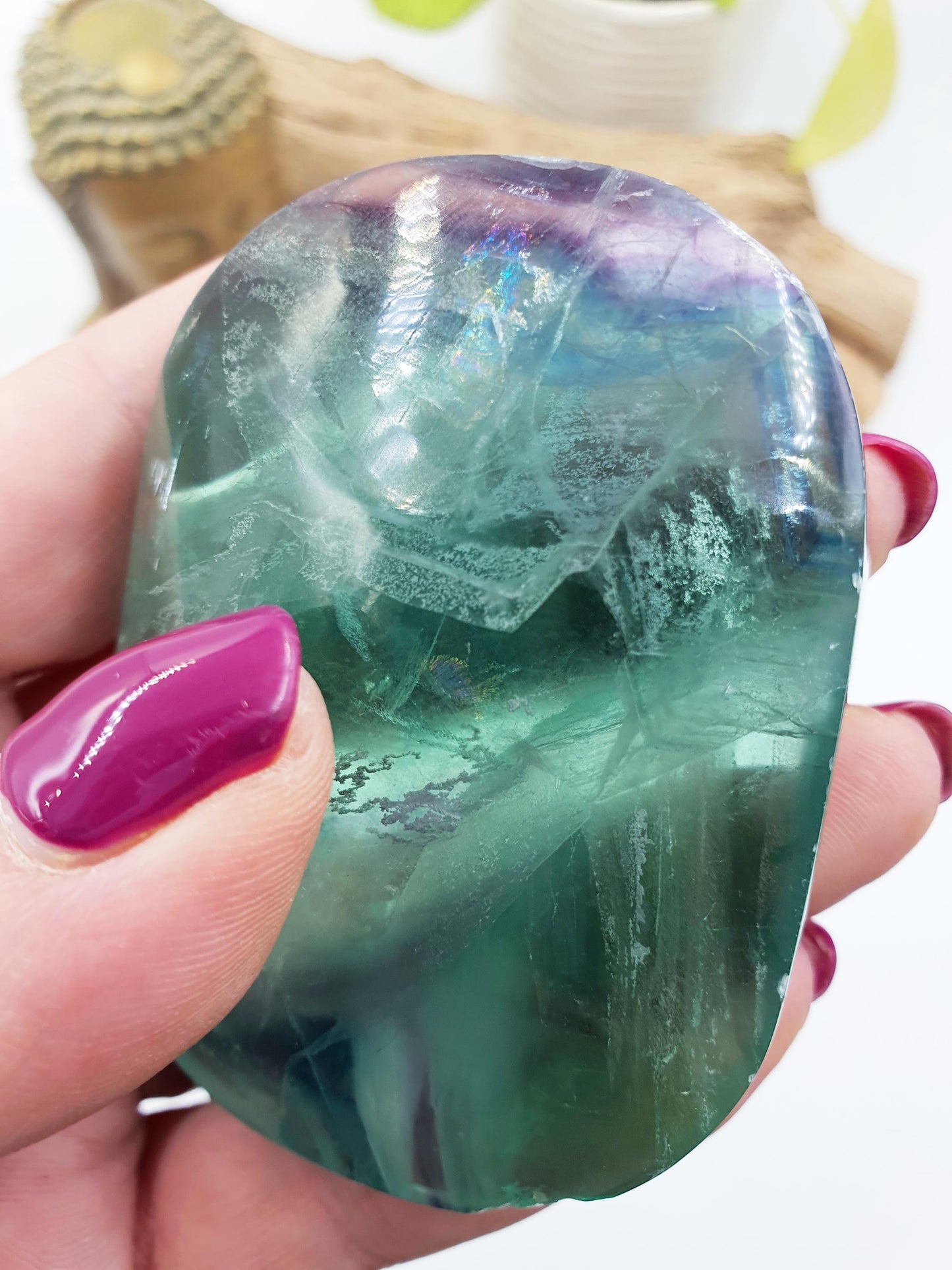 Flashy Fluorite Palm with Rainbows / Fluorite Palm Stone / Large Purple and Green Fluorite Palm Stone / Meditation Palm - 175g