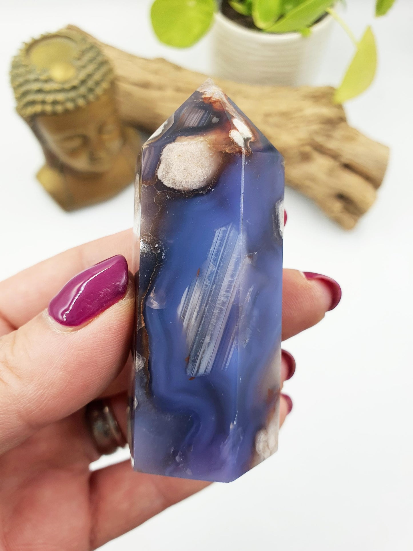 Pretty Blue Flower Agate Point / Sakura Agate Tower / Blue Flower Agate Crystal Obelisk / Healing Tower - 105g