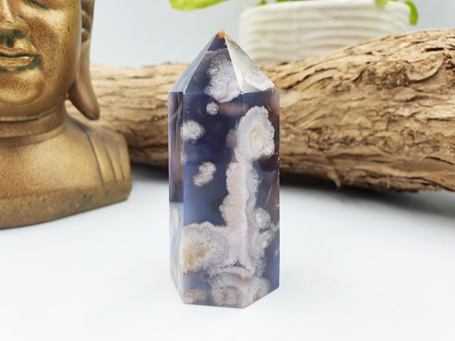 Pretty Blue Flower Agate Point / Sakura Agate Tower / Blue Flower Agate Crystal Obelisk / Healing Tower - 105g